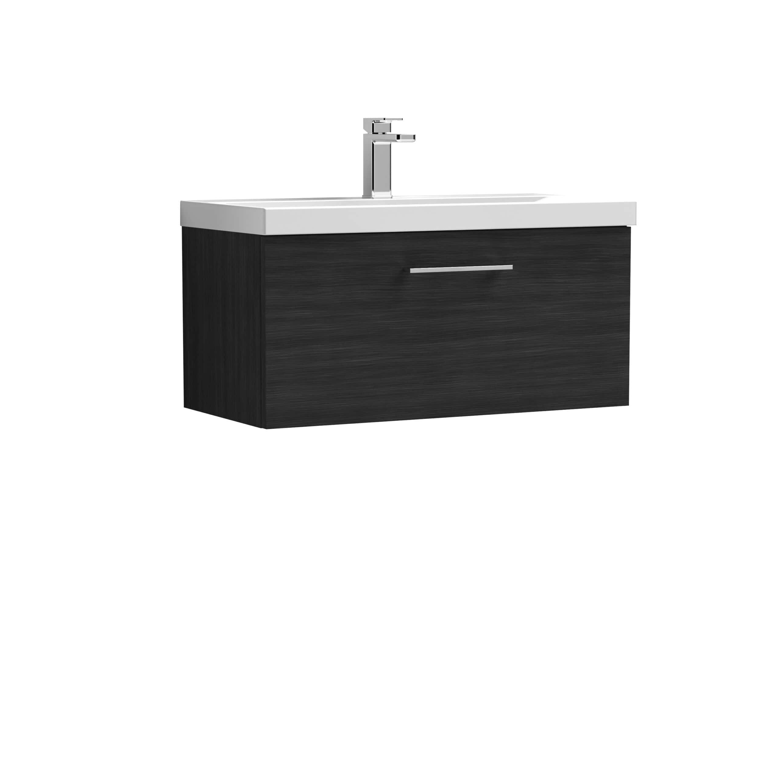 Modern black bathroom vanity with integrated sink and chrome faucet, ideal for contemporary bathroom designs. Durable wood finish with sleek handle for stylish storage.