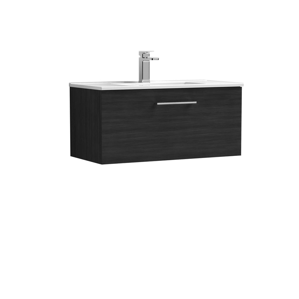 Contemporary black bathroom vanity with integrated double sink and chrome tap, perfect for modern bathroom designs. Durable, stylish, and functional with sleek handle design.
