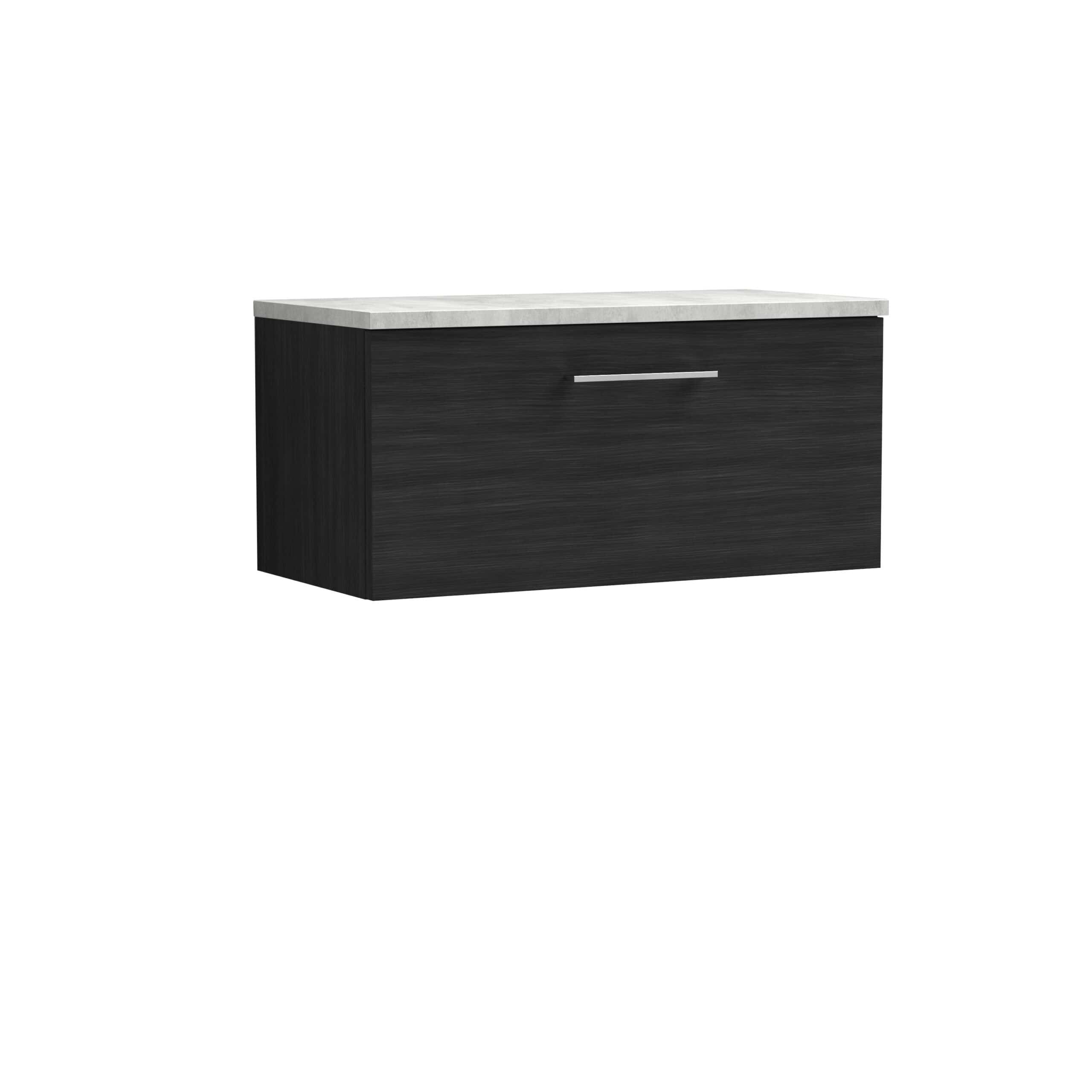 Modern black bathroom vanity with a sleek handle and a white marble top, ideal for contemporary bathroom designs, providing storage and elegance.