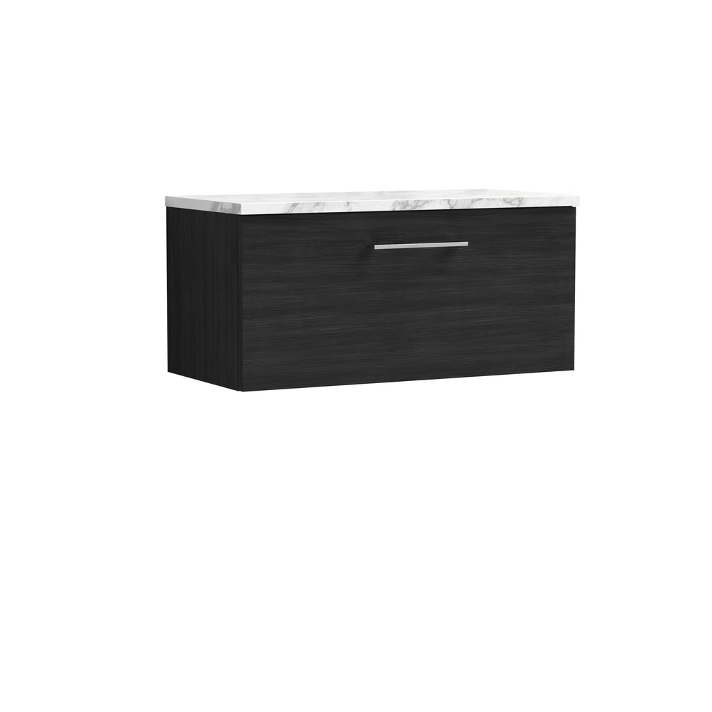 Modern black bathroom vanity with white marble countertop, sleek handle, ideal for contemporary bathrooms, offering stylish storage solutions for bathroom essentials.