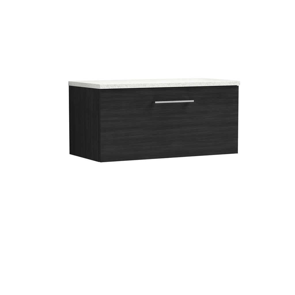 Sleek black bathroom vanity unit with a white stone countertop, modern handle, perfect for contemporary bathroom storage and design.