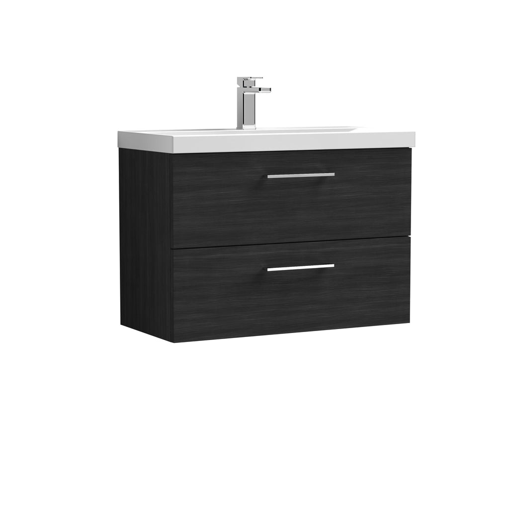 Contemporary black bathroom vanity unit with integrated sink and sleek silver handles, ideal for modern bathroom remodels and storage solutions.