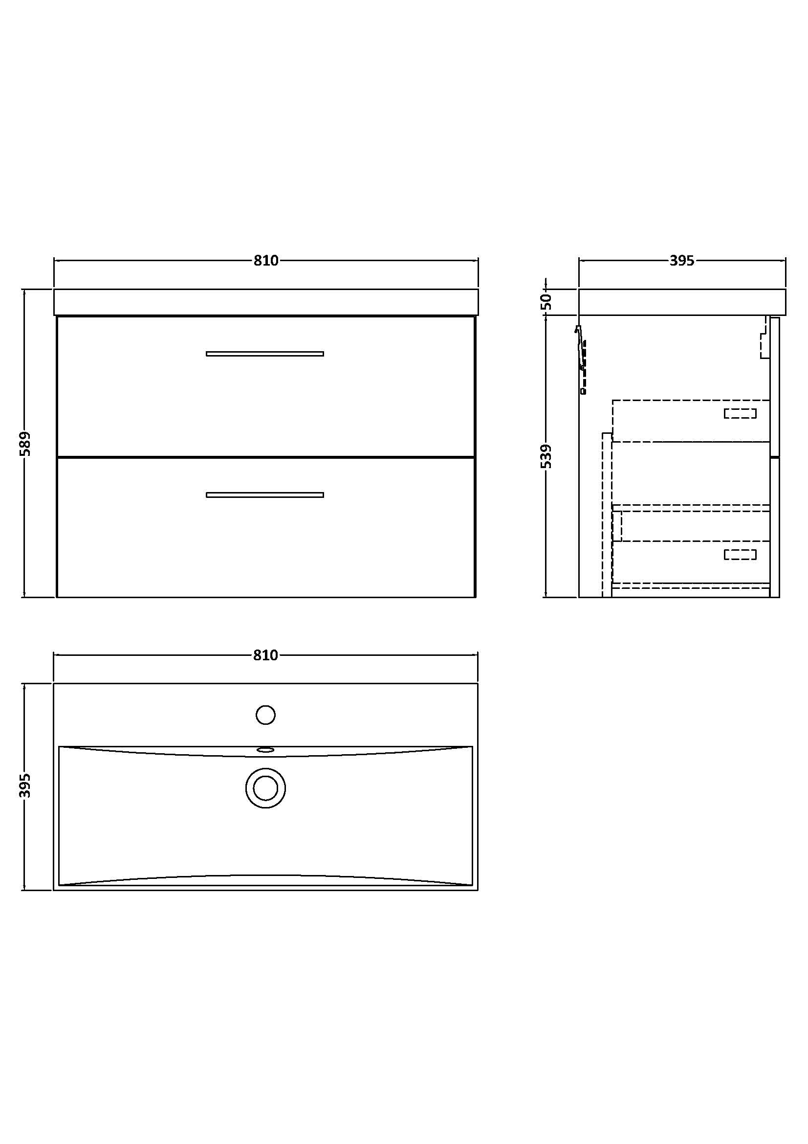Stylish white bathroom vanity unit with two spacious drawers, modern handle design, and detailed technical dimensions for perfect bathroom fit.