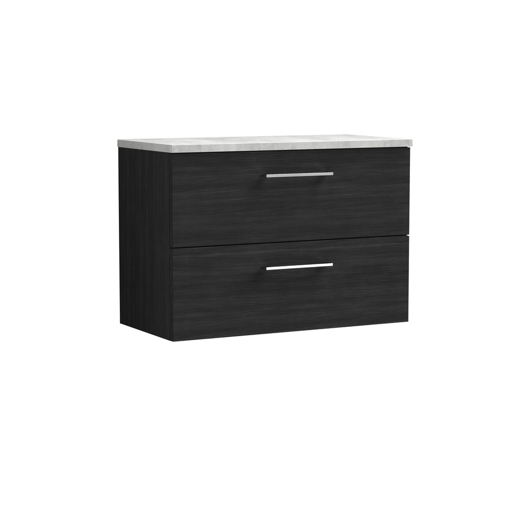 Black bathroom vanity with two drawers and a white marble top, modern and stylish bathroom storage solution.