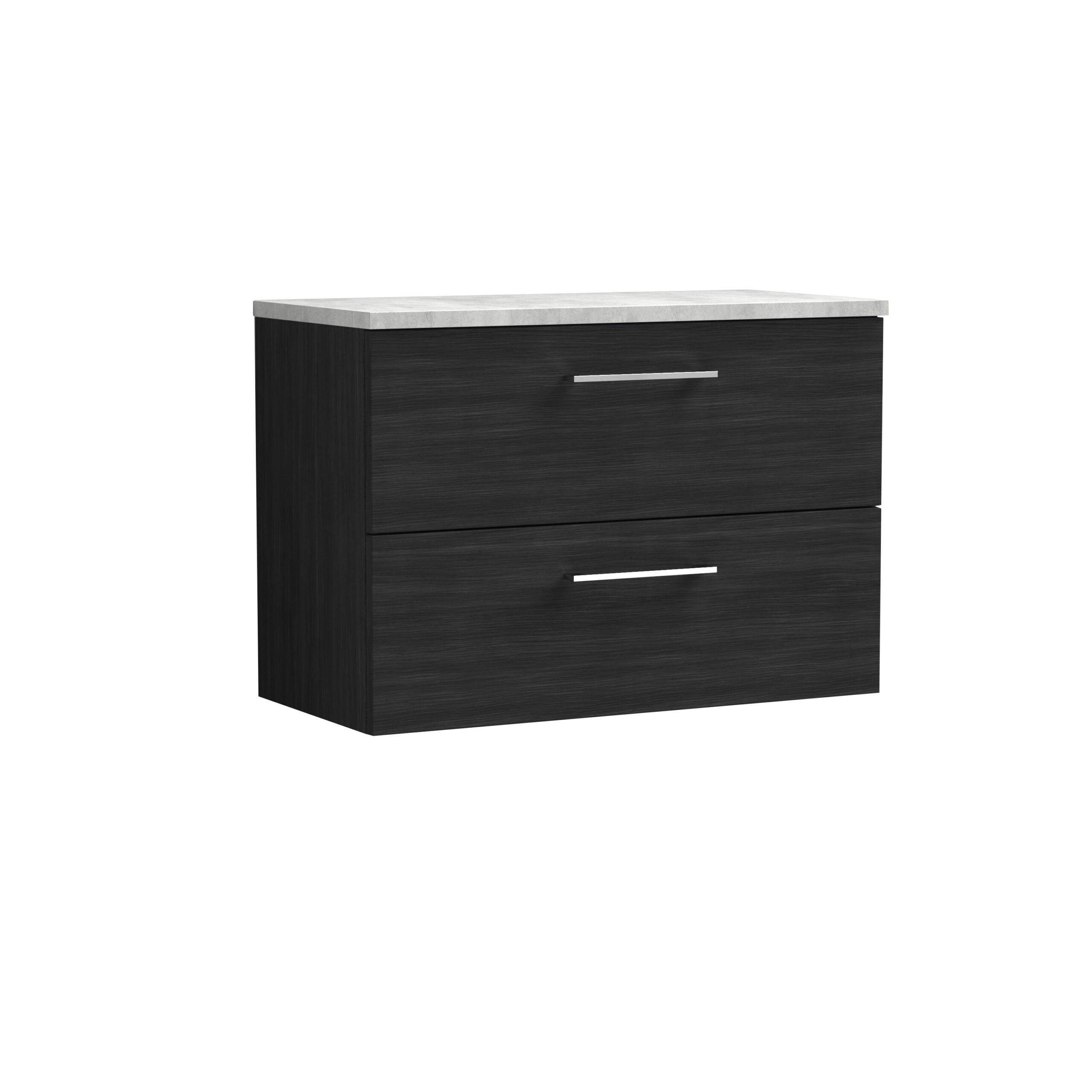 Black bathroom vanity with two drawers and a white marble top, modern and stylish bathroom storage solution.