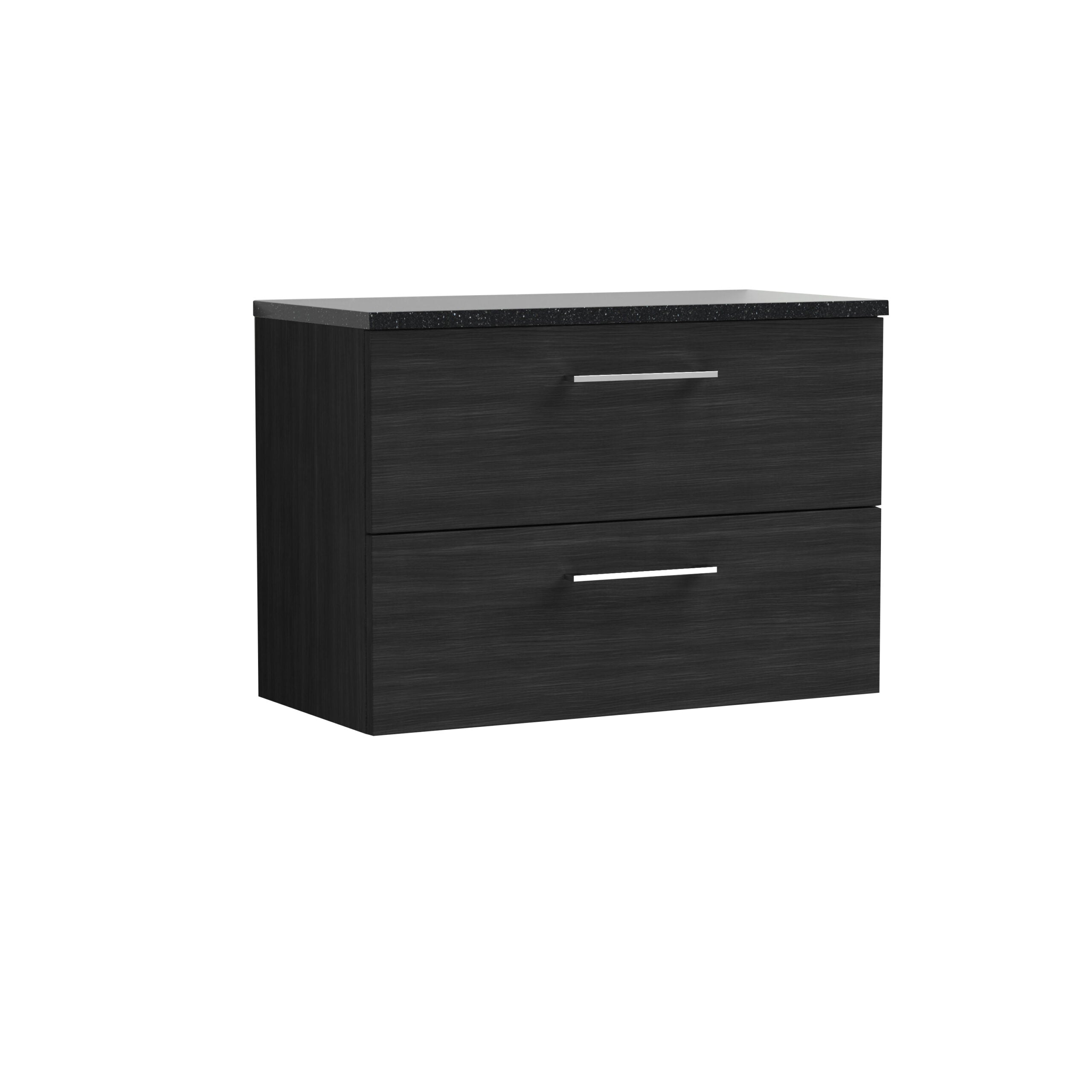 Sleek black bathroom vanity cabinet with two drawers, modern chrome handles, and black granite countertop – perfect for contemporary bathroom storage solutions.