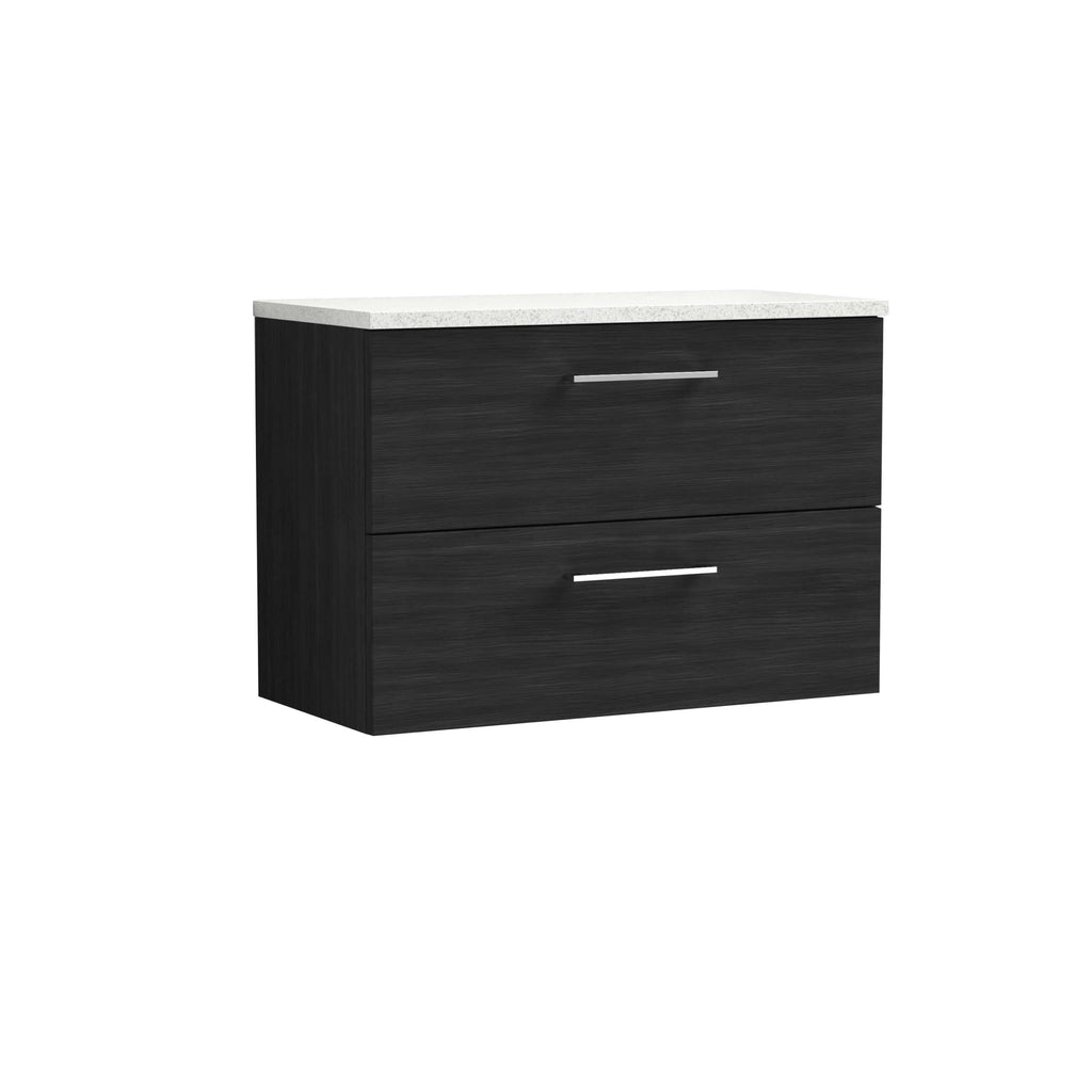 Sleek black bathroom vanity unit with a white stone effect countertop, modern handle design, ideal for contemporary bathrooms, offering stylish storage solutions from Bubly Bathrooms.