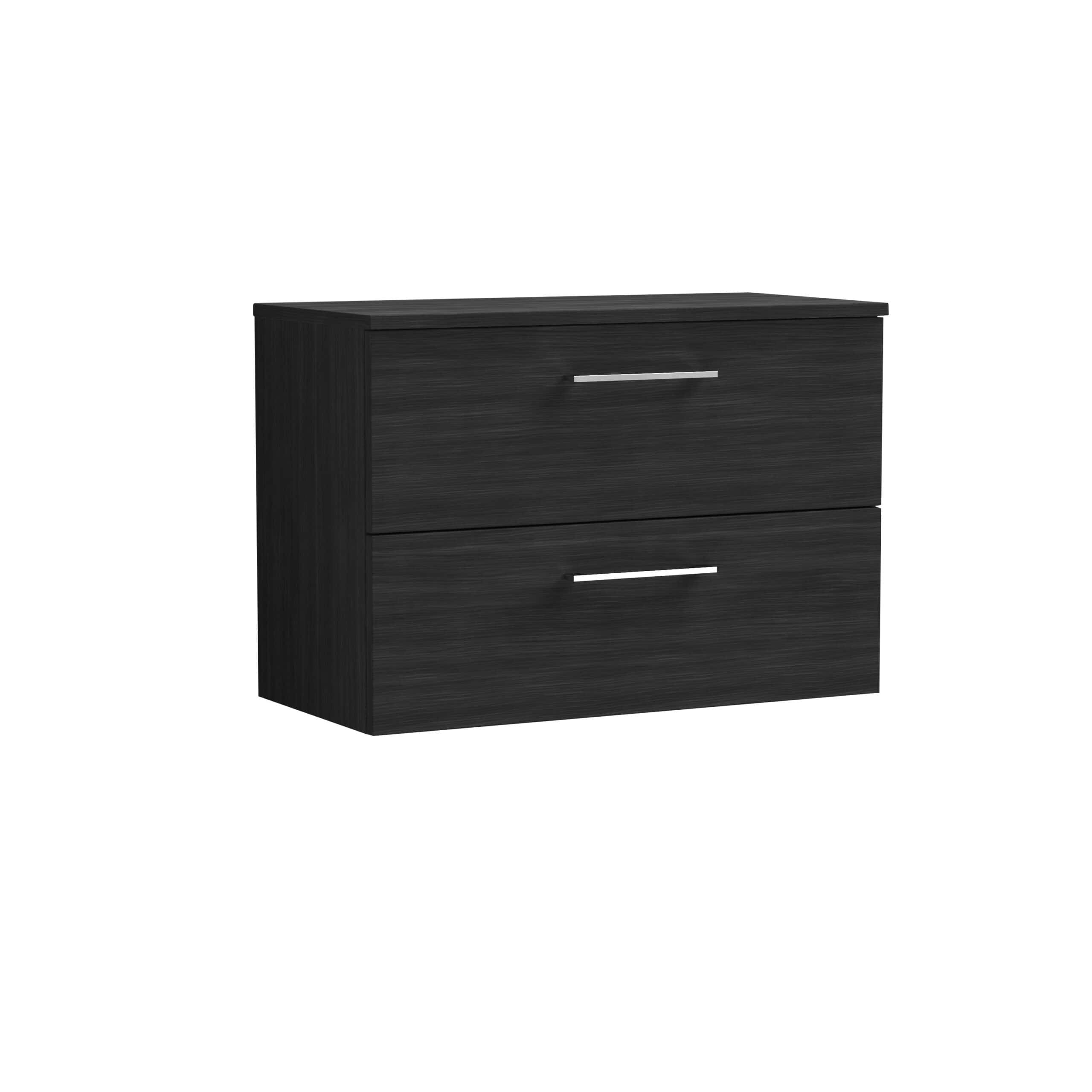 Dark wood bathroom vanity with two drawers and modern metal handles, ideal for contemporary bathroom storage solutions.