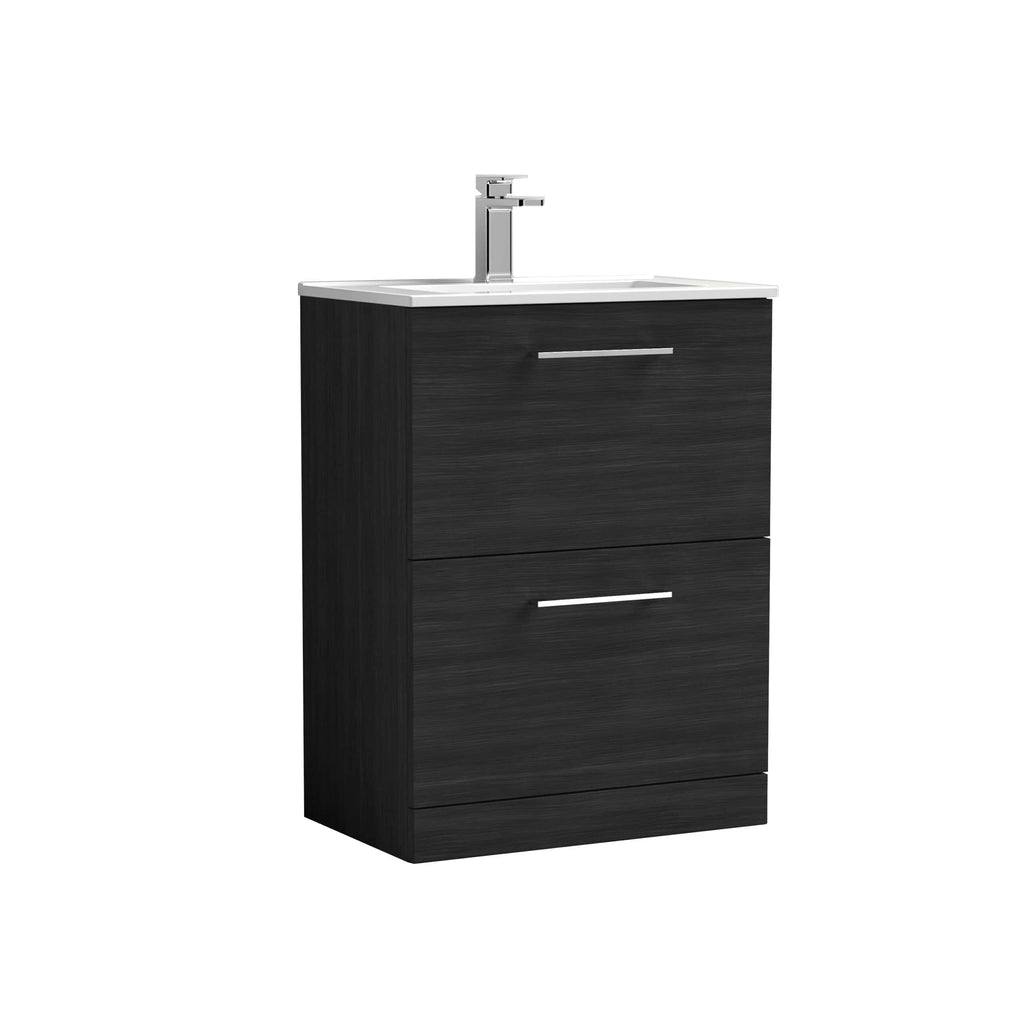 Sleek black bathroom vanity unit with integrated sink and modern chrome handle, ideal for contemporary bathroom decor and maximising space.