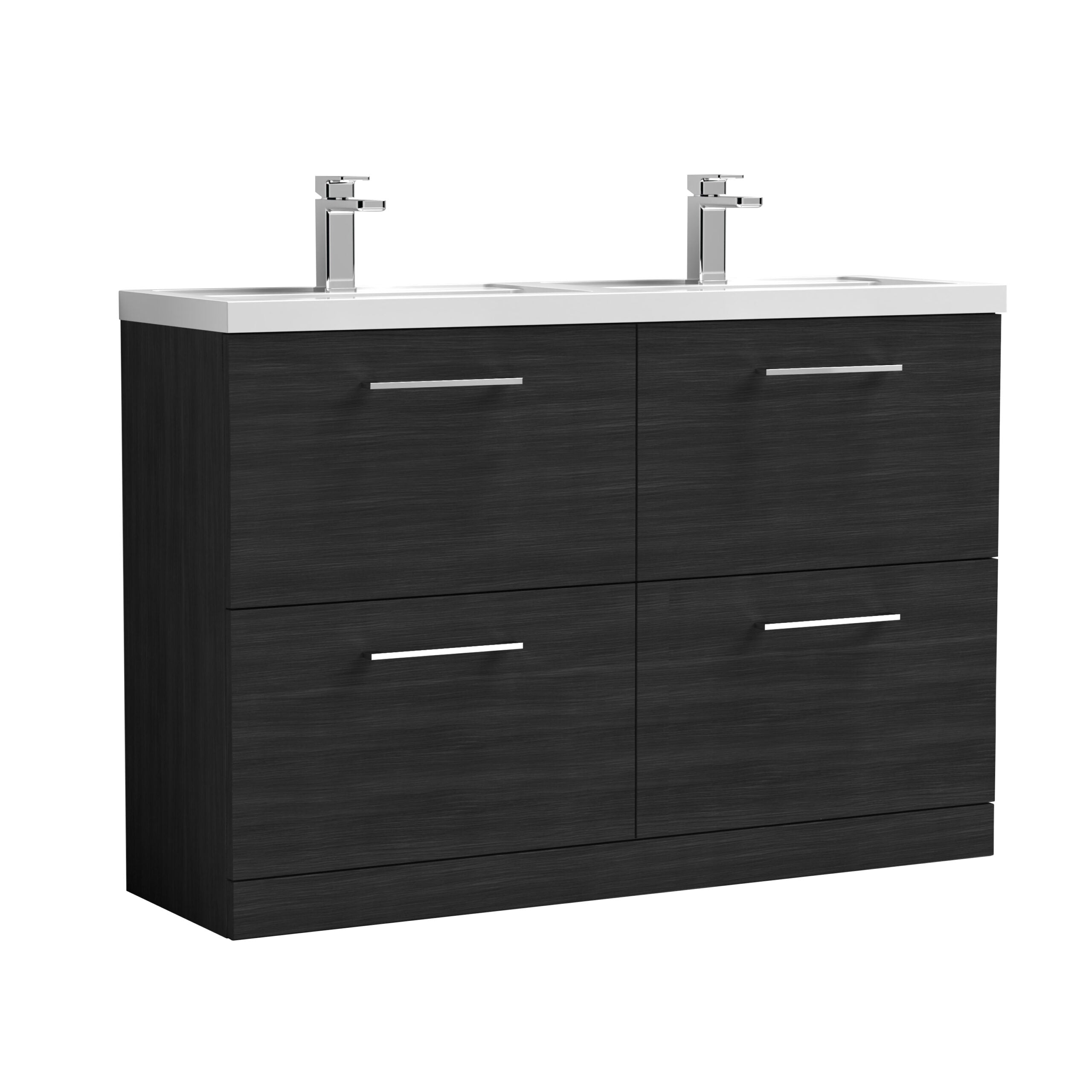 Sleek modern double bathroom vanity unit with white ceramic sinks and chrome taps, ideal for contemporary bathroom refurbishments and storage solutions.