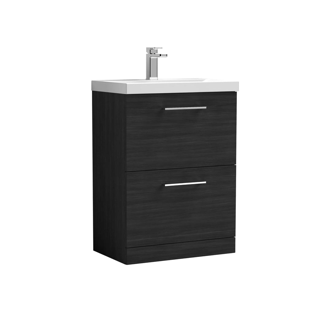 Chrome bathroom vanity with white ceramic sink and modern black wood finish, featuring sleek silver handles for a contemporary bathroom upgrade.