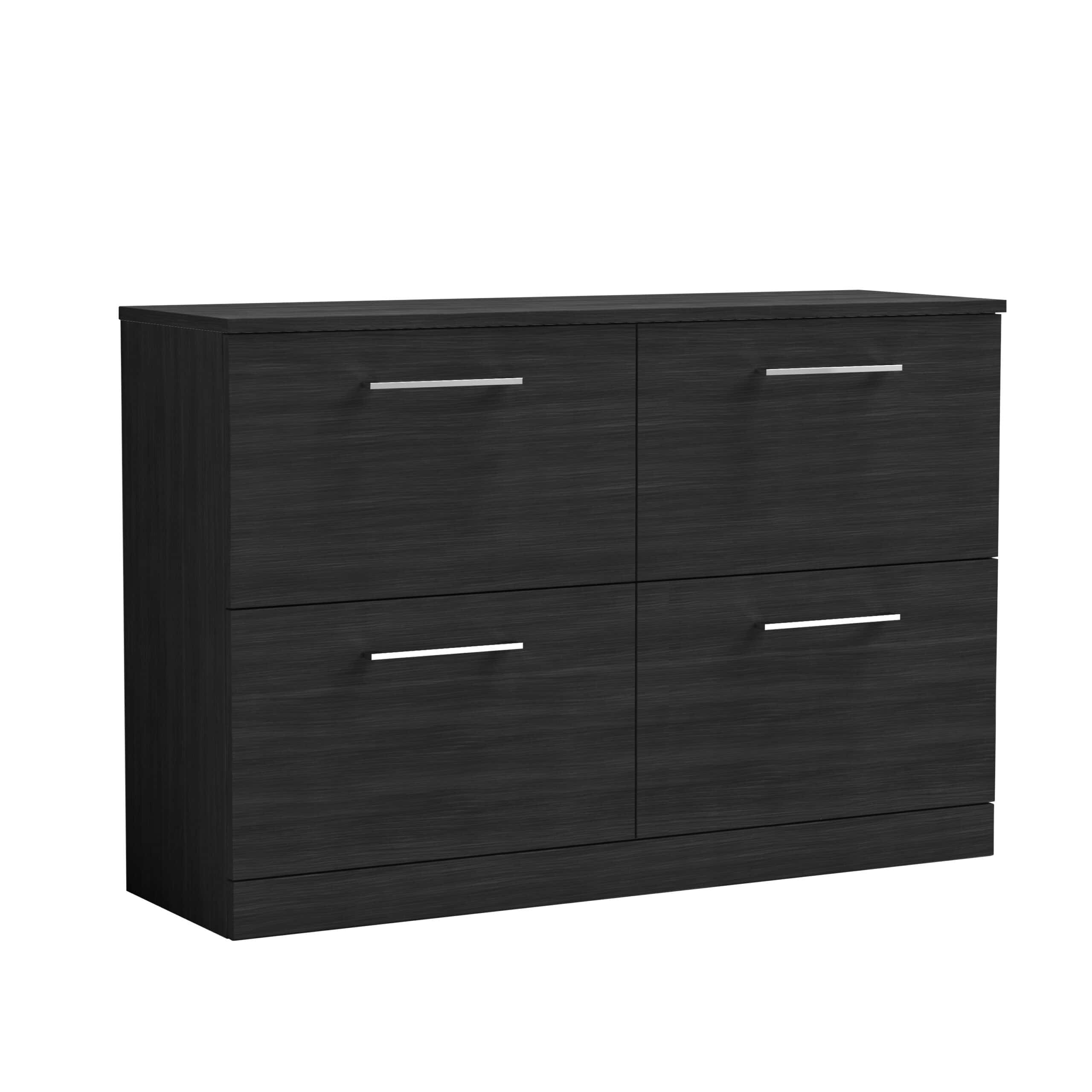 Sleek black bathroom storage cabinet with four drawers, modern minimalist design, ideal for organising bathroom essentials, practical and stylish for contemporary bathroom interiors.