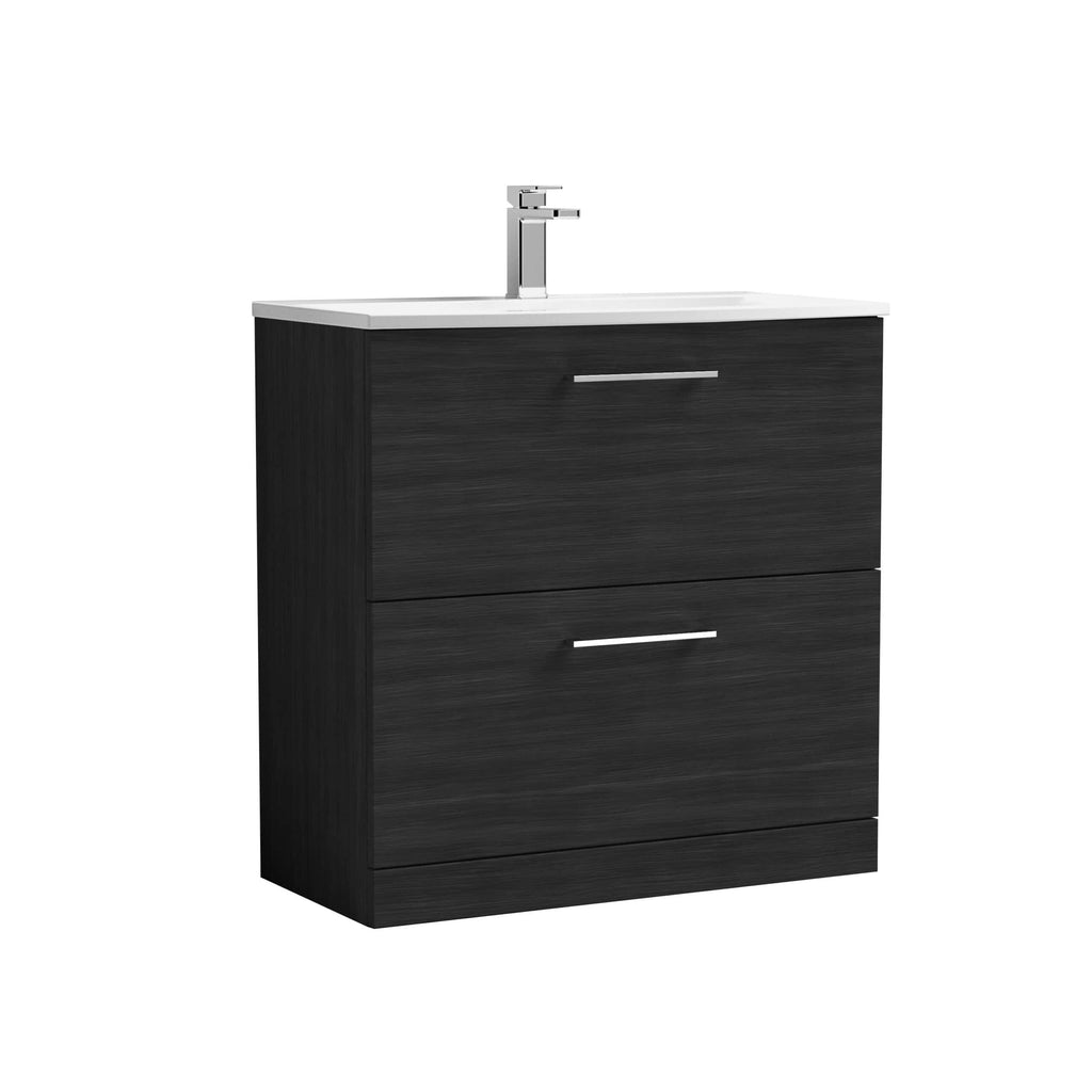 Modern black bathroom vanity with a white ceramic top and sleek chrome handles, perfect for contemporary bathroom styles. Features ample storage drawers and a stylish chrome faucet, ideal for bathroom upgrades.