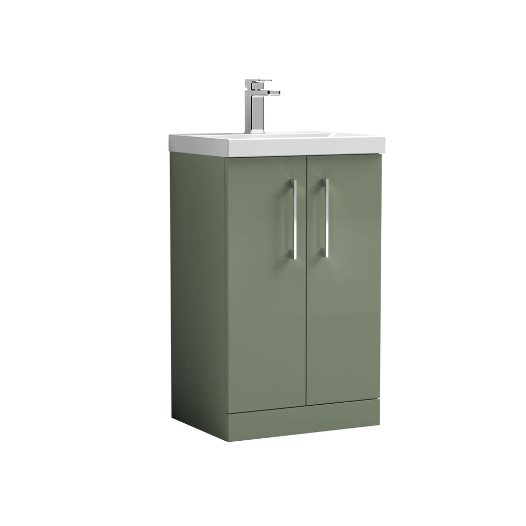 Modern bathroom vanity unit with white ceramic sink and green storage cabinet, ideal for contemporary bathrooms. Features sleek metal handles and a minimalist design for stylish bathroom storage.