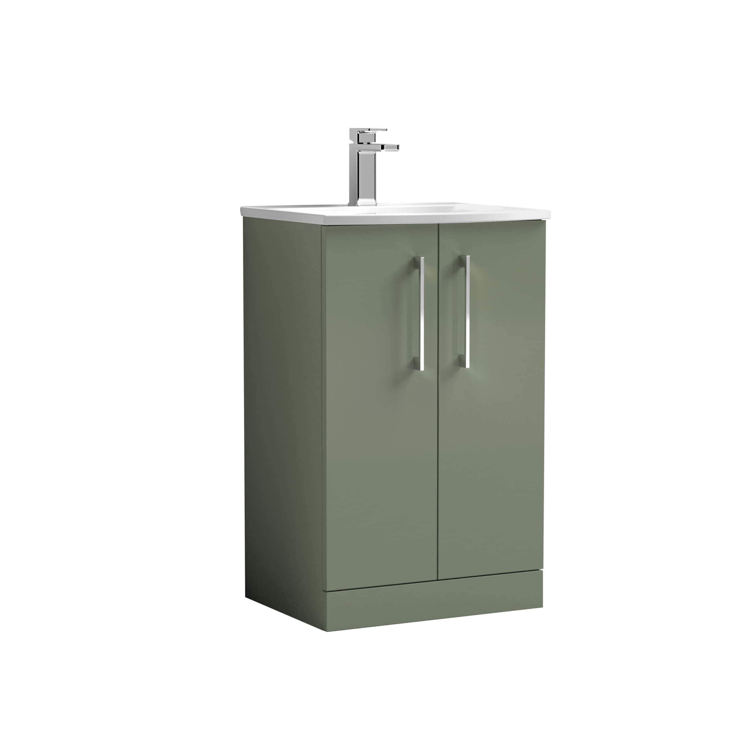 Contemporary bathroom vanity unit with integrated sink and chrome tap, featuring a minimalist design and storage cabinet in muted green colour. Perfect for modern bathroom spaces.