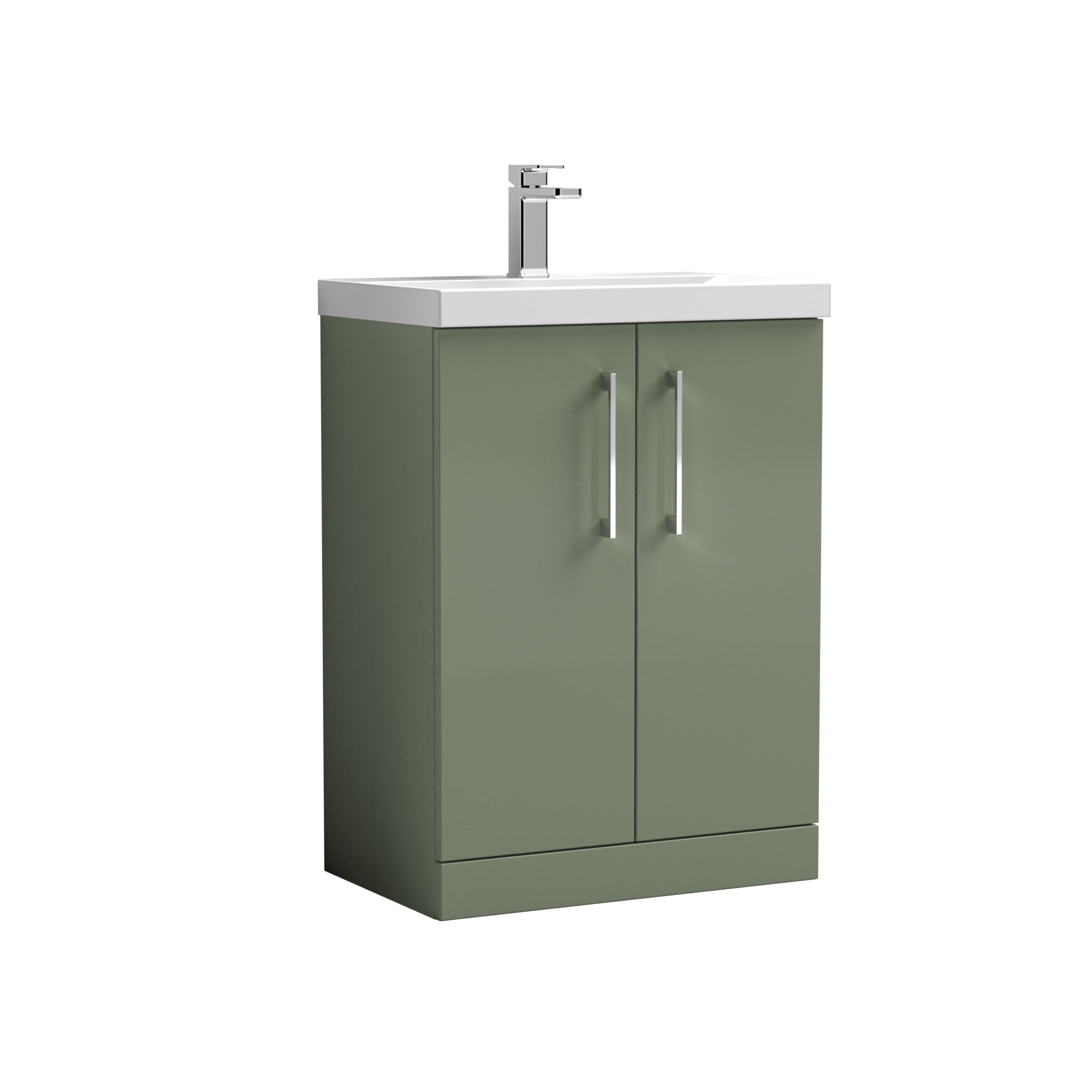 Green bathroom vanity unit with integrated sink and chrome tap, ideal for modern ensuite or guest bathroom design. Perfect storage solution with sleek, contemporary style.
