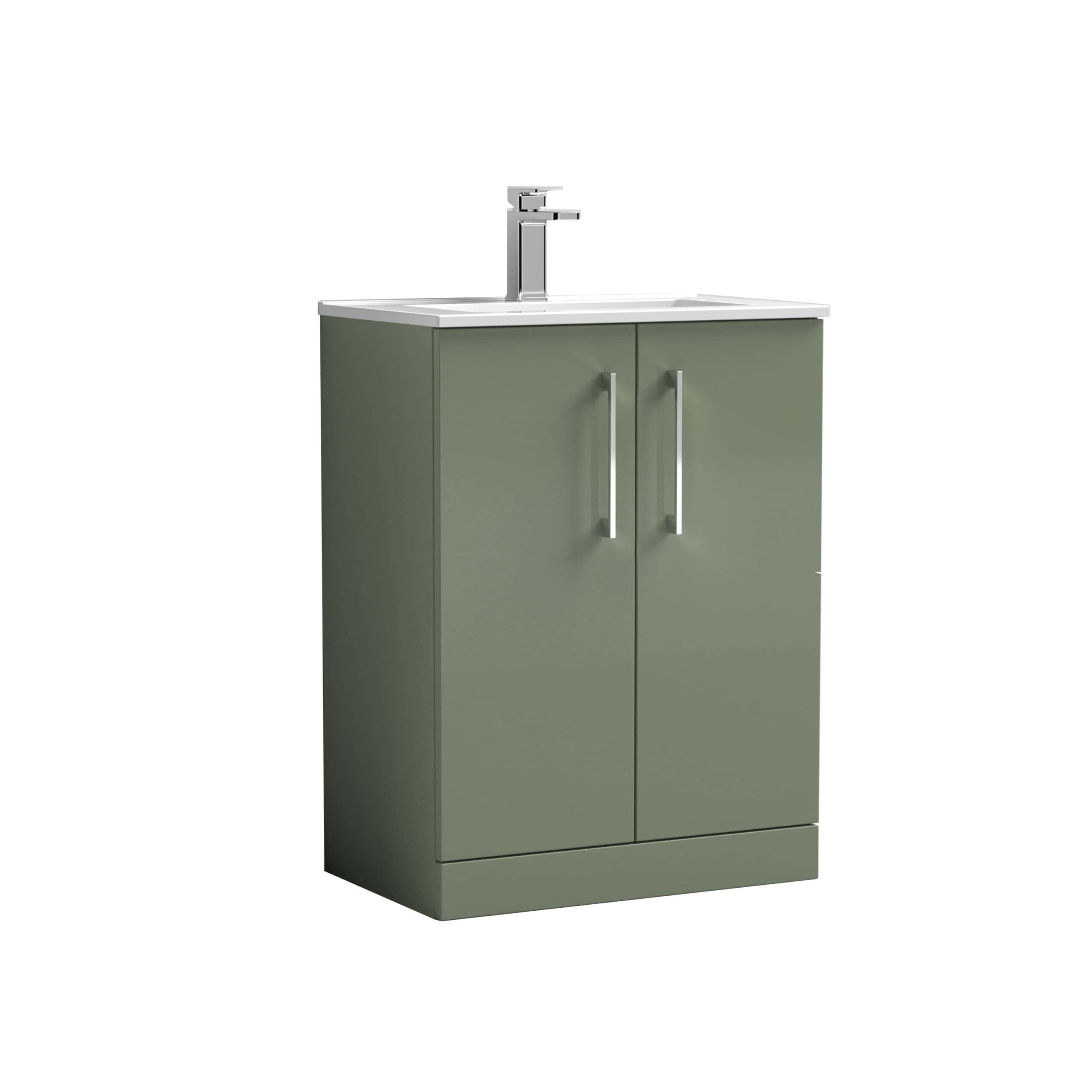 Modern green bathroom vanity with integrated sink and sleek chrome faucet for contemporary bathroom refurbishment.