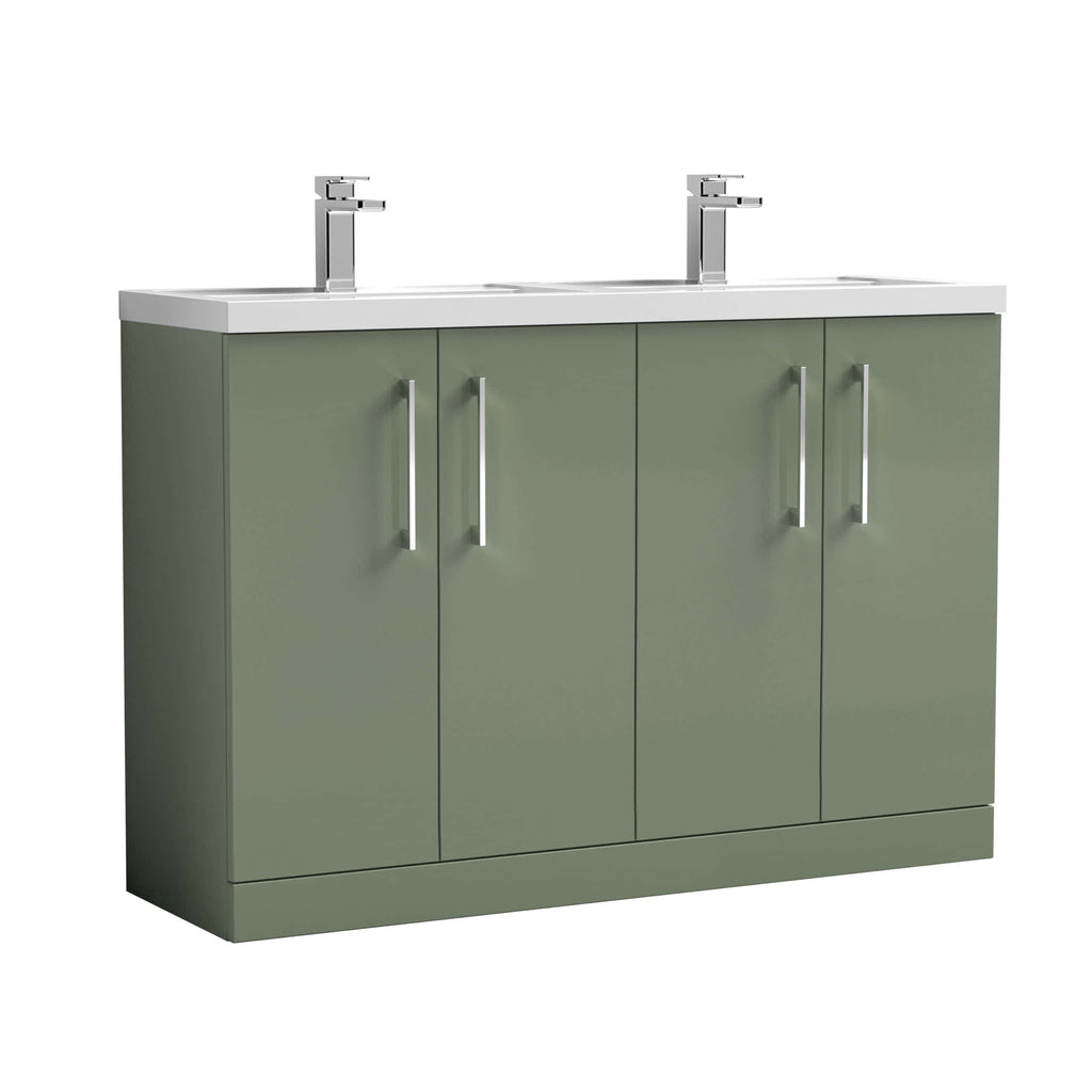 Modern green bathroom vanity with double sinks and chrome handles, ideal for contemporary bathroom decor. Perfect for adding style and storage to your bathroom space.