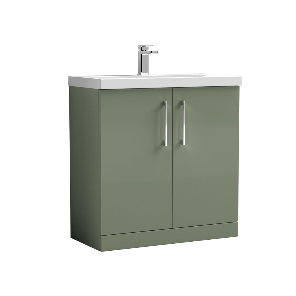 Modern green bathroom vanity with a white countertop and sleek chrome handles, featuring a built-in sink and contemporary design for stylish bathroom upgrades.