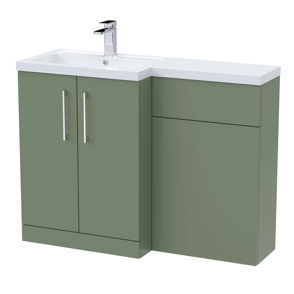 Eco-friendly bathroom vanity with green cabinets and white countertop featuring a modern sink and chrome faucet, perfect for stylish bathroom renovations.