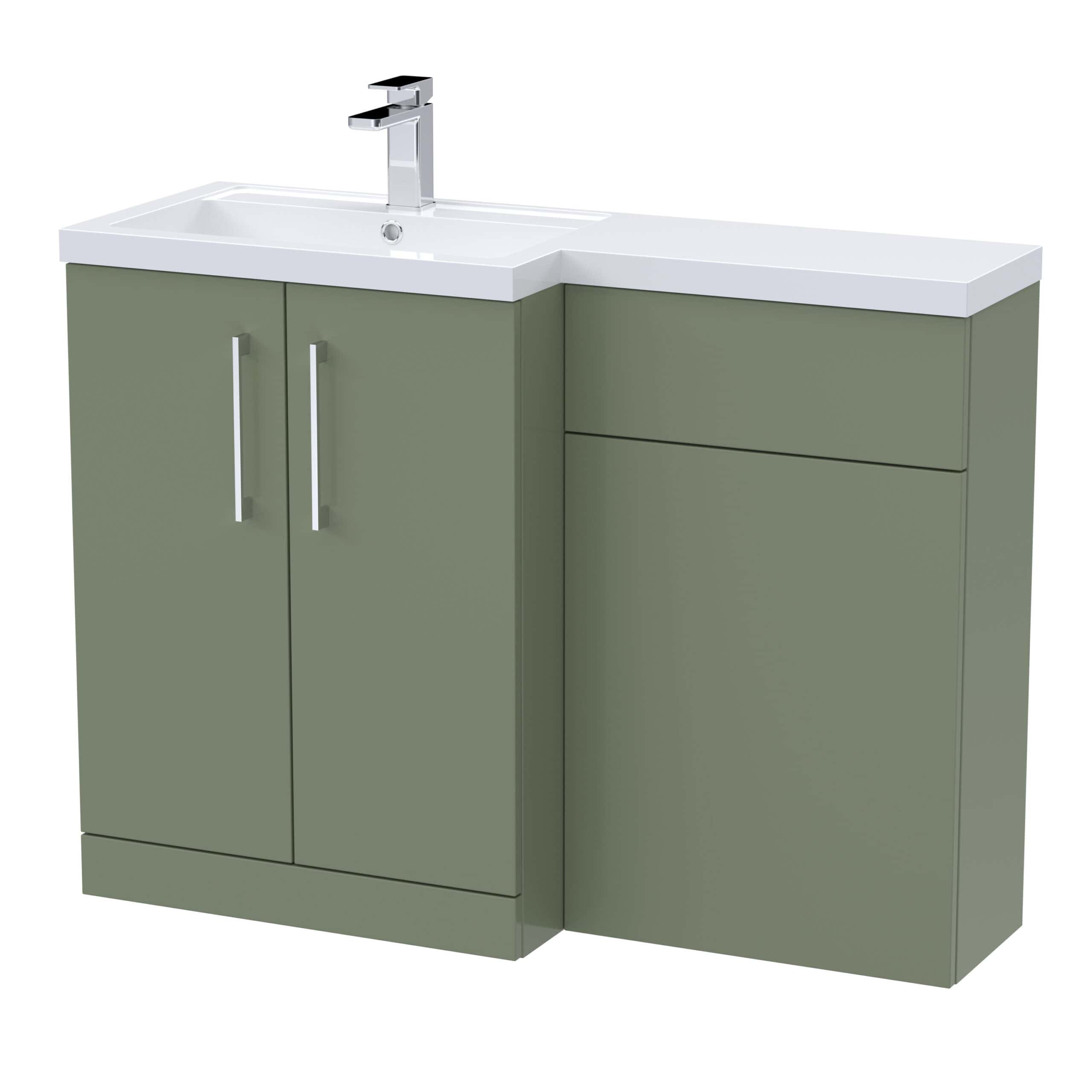 Eco-friendly bathroom vanity with green cabinets and white countertop featuring a modern sink and chrome faucet, perfect for stylish bathroom renovations.