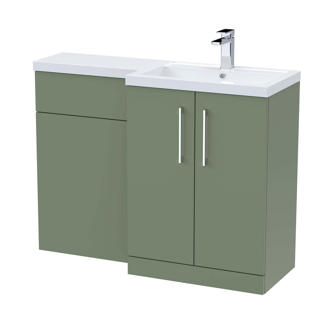 Modern bathroom vanity unit with integrated sink and chrome tap, featuring sleek green cabinetry with minimalist handles for contemporary bathroom design.
