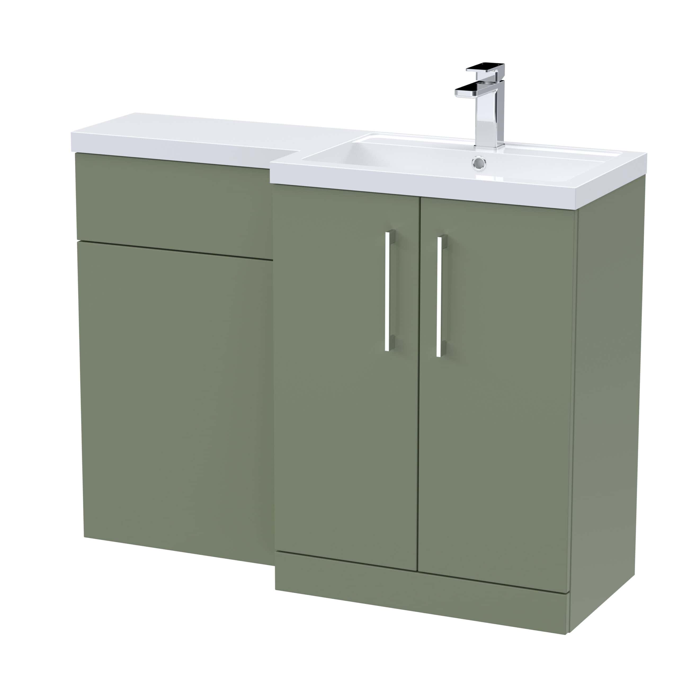 Modern bathroom vanity unit with integrated sink and chrome tap, featuring sleek green cabinetry with minimalist handles for contemporary bathroom design.