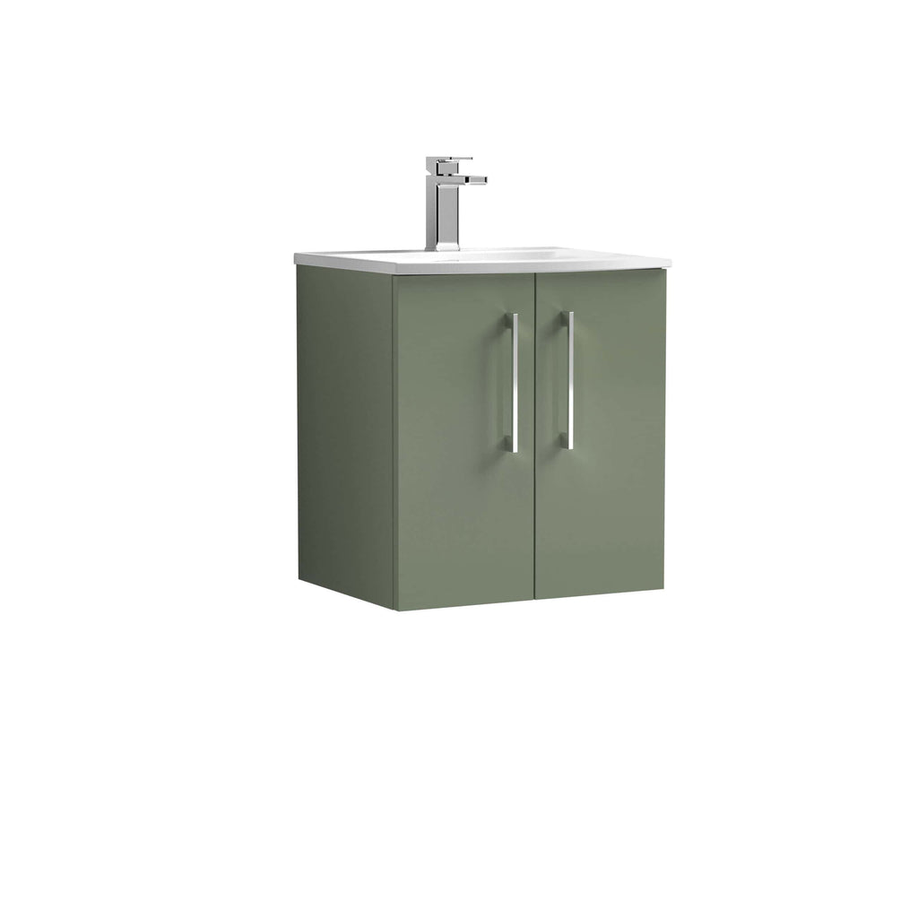 Sleek green bathroom vanity cabinet with integrated countertop and modern chrome tap, perfect for contemporary bathroom decor.