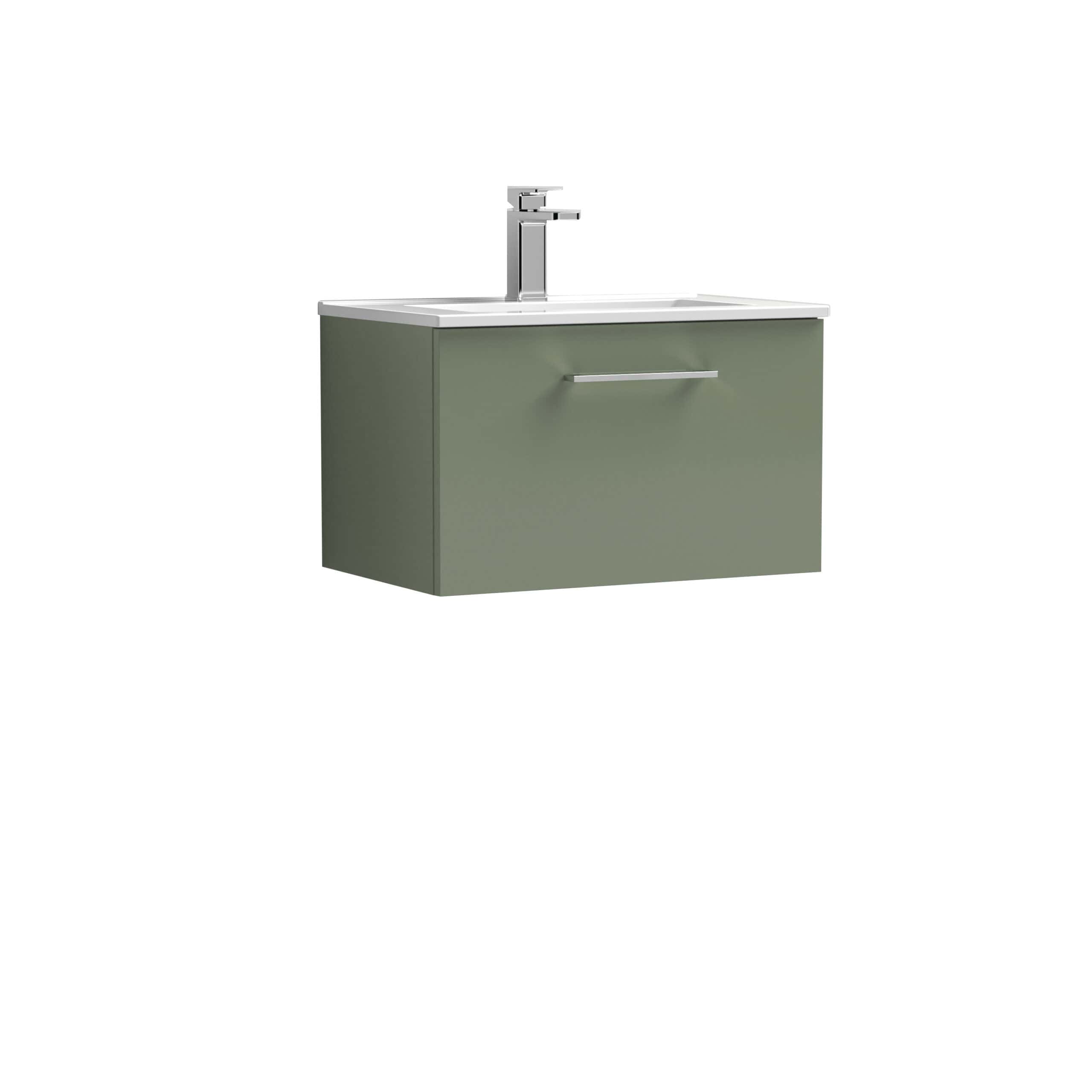 Minimalist green bathroom vanity with integrated sink and chrome faucet, perfect for modern bathrooms seeking functional and stylish storage solutions.