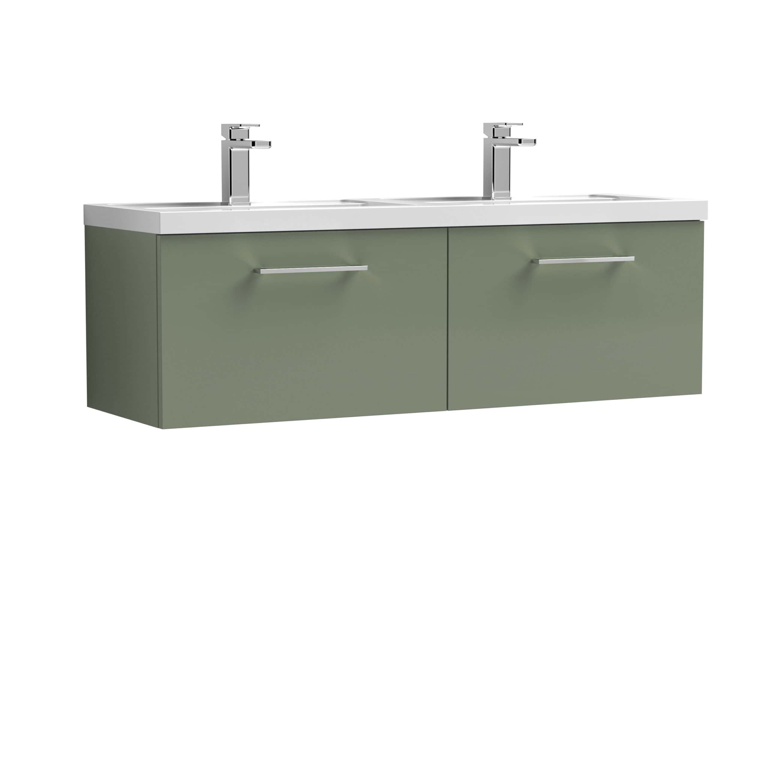 Stylish double bathroom vanity unit with two modern chrome taps, large storage drawers, and a sleek white top, perfect for contemporary bathroom design.