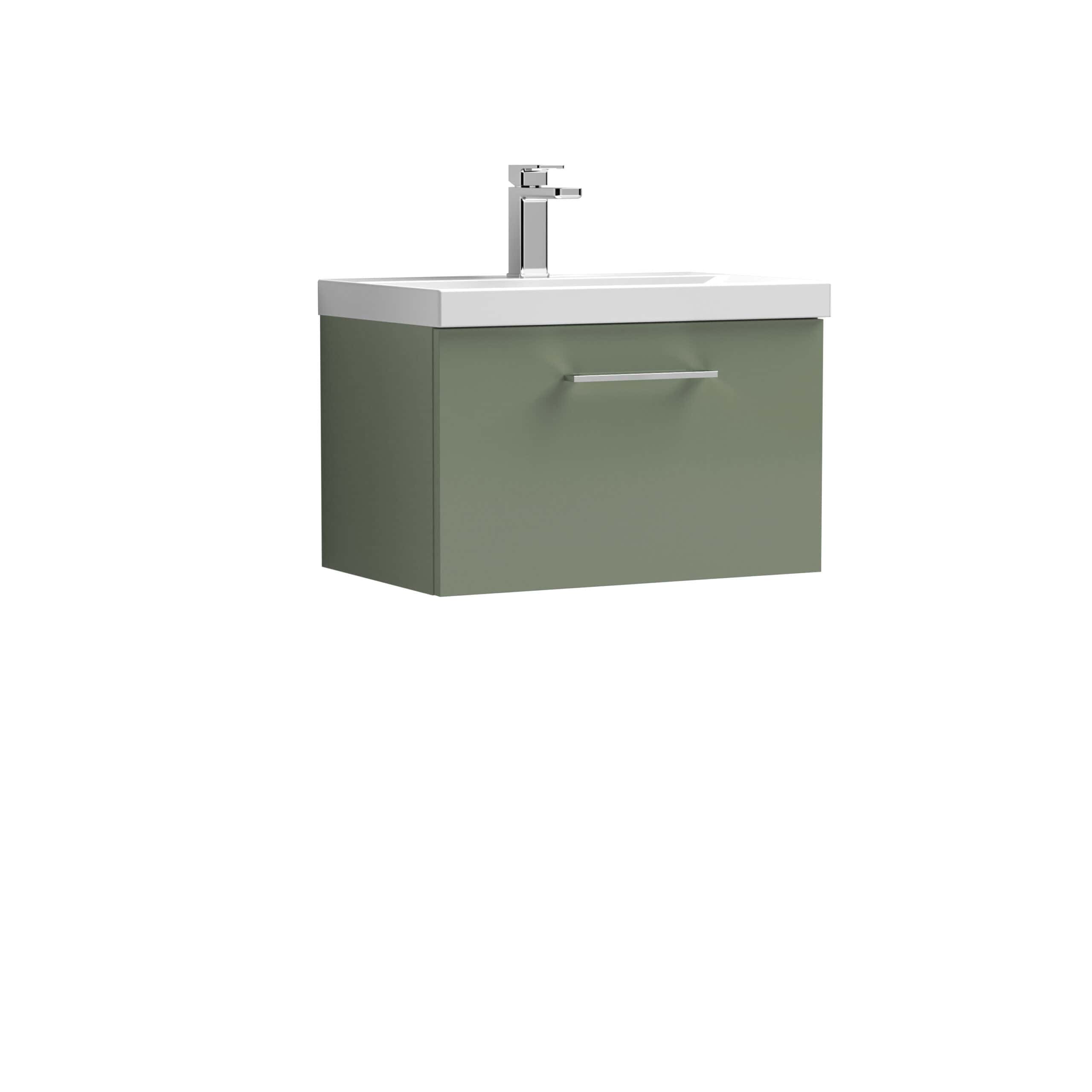 Sleek green bathroom vanity with integrated sink and modern chrome tap, perfect for contemporary bathroom decor. Compact storage cabinet with drawer for bathroom essentials, combining functionality and style.