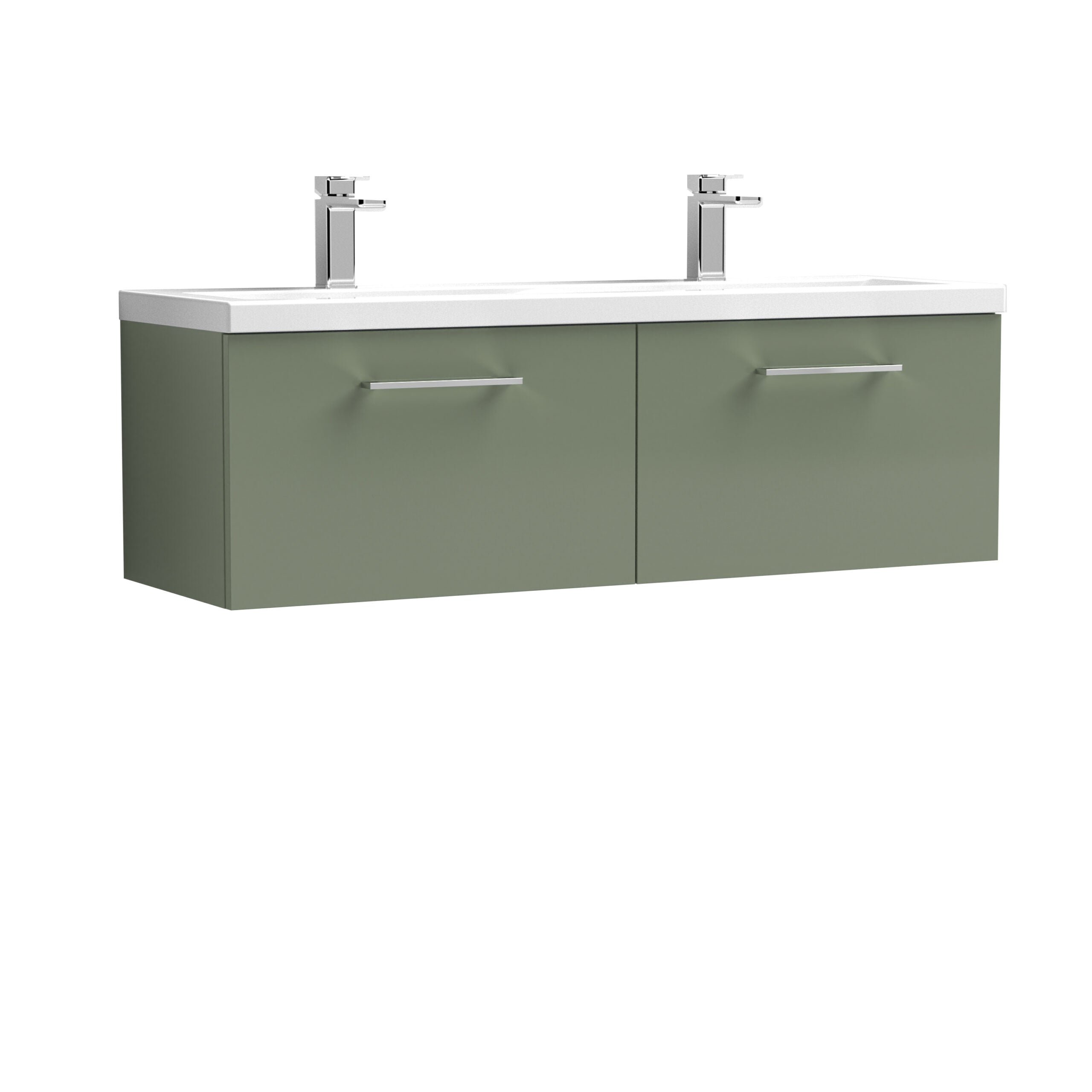 Sleek double bathroom vanity with green cabinets and white countertop, modern chrome faucets, ideal for contemporary bathroom designs, offering ample storage and elegant style.