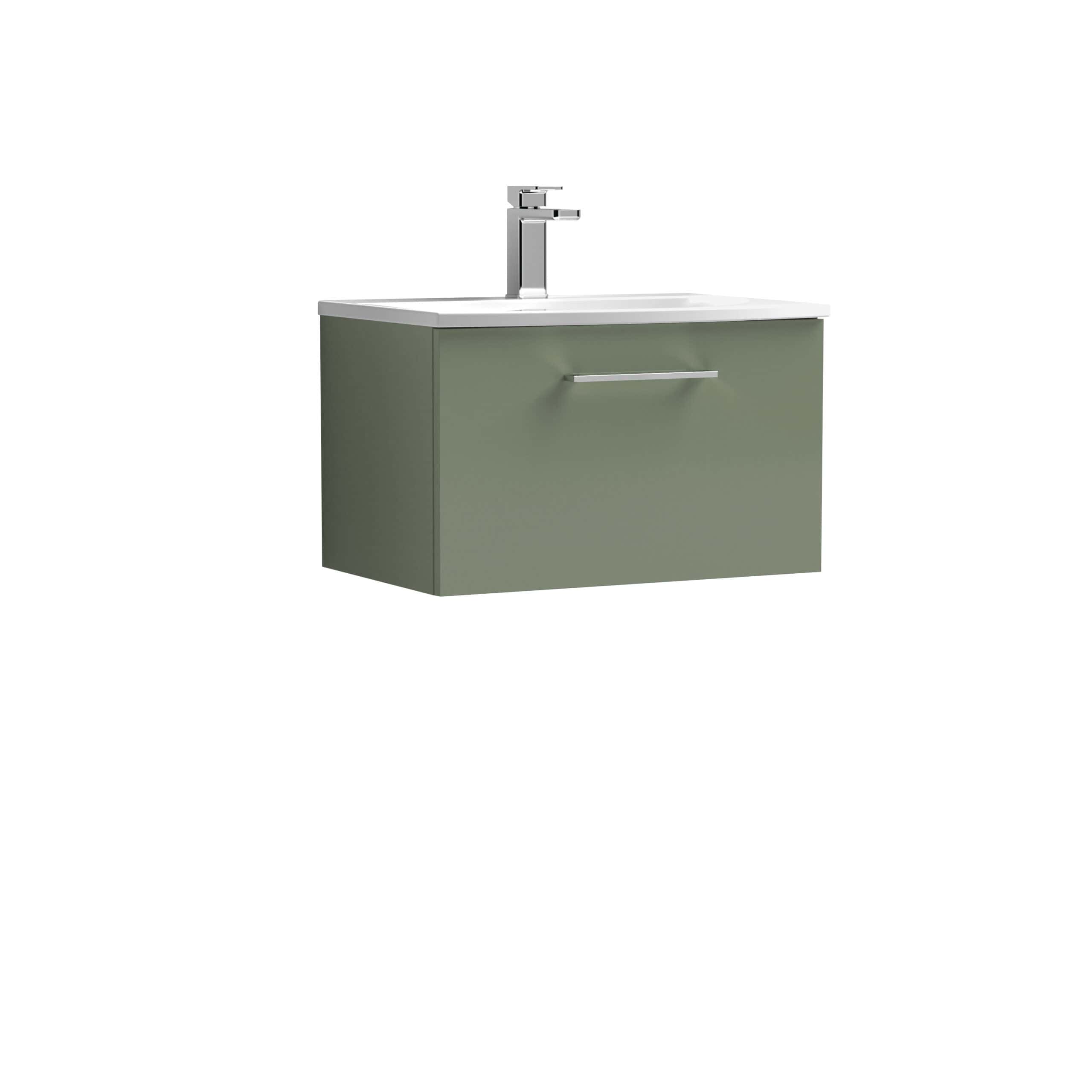 Modern green bathroom vanity with a sleek white countertop and chrome faucet, ideal for contemporary bathroom designs.