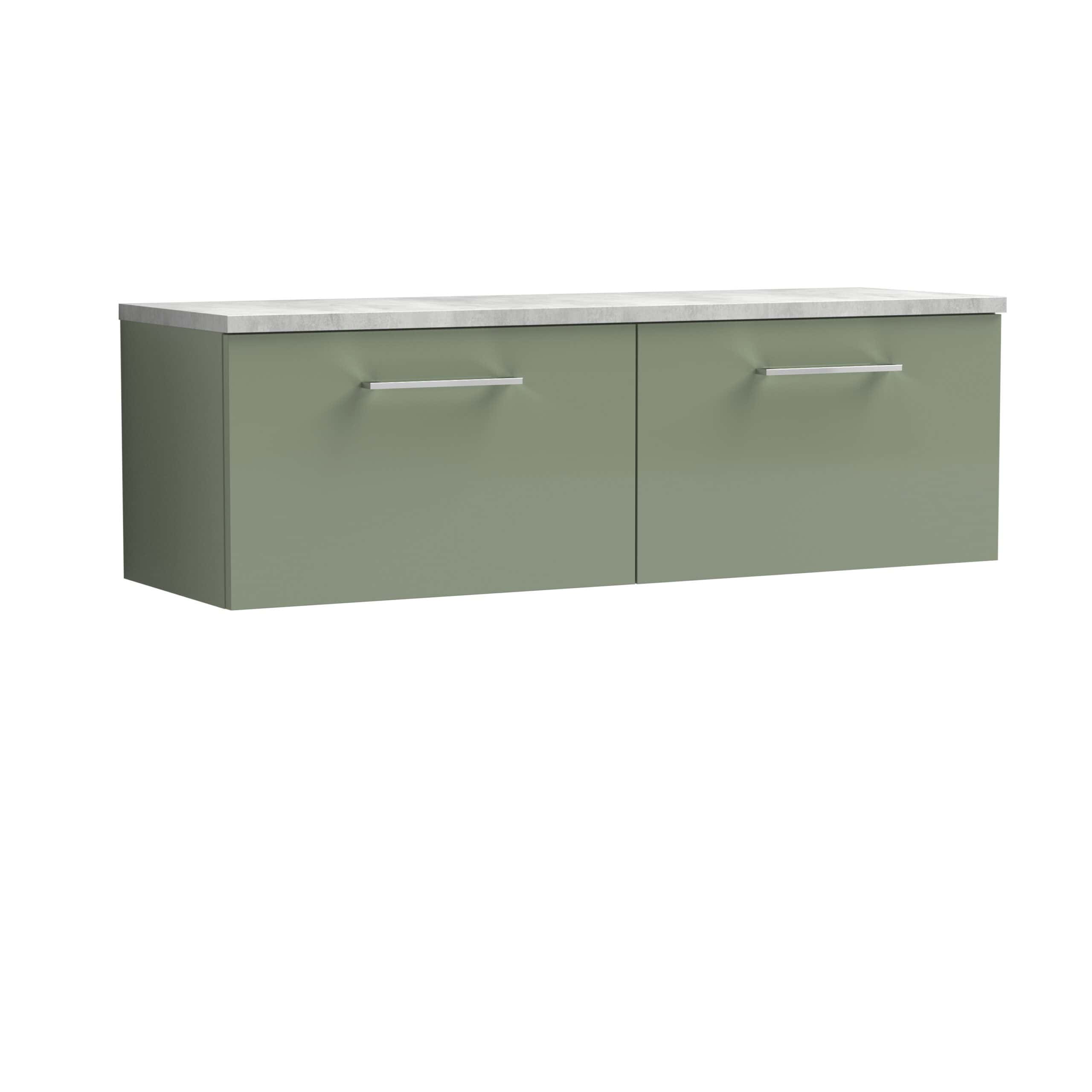 Sleek green wall-mounted bathroom cabinet with a white marble top, modern design, and silver handles for stylish bathroom storage.