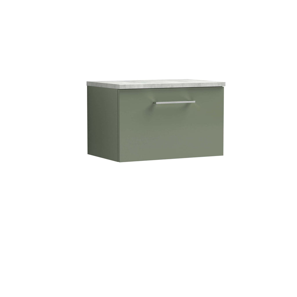 Sage green bathroom cabinet with a marble top, modern handle, and sleek design. Perfect for contemporary bathrooms, offering stylish storage solutions and elegant aesthetics. Designed by Bubly Bathrooms.