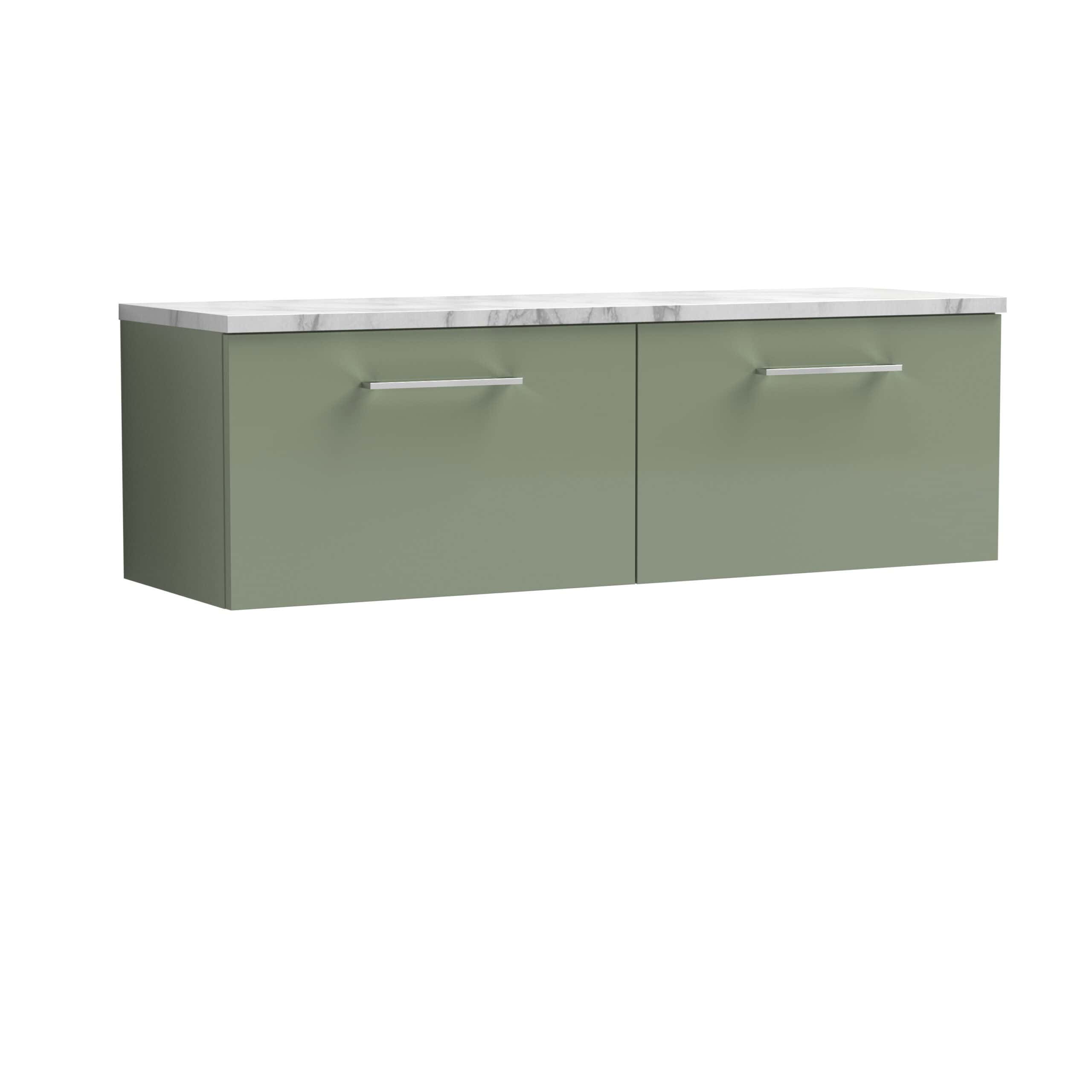 Modern green bathroom vanity with marble countertop, sleek handles, and ample storage space, perfect for contemporary bathroom designs.