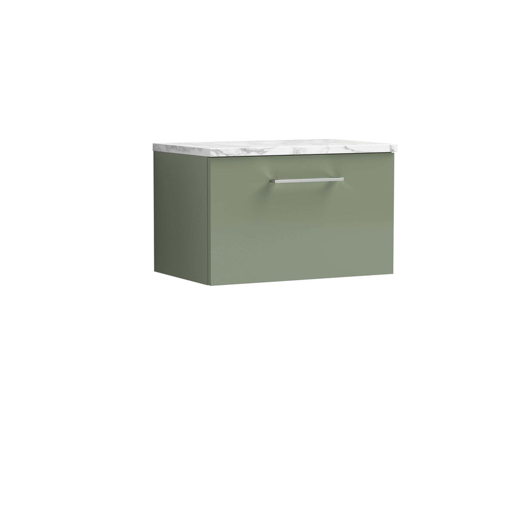 Modern green bathroom cabinet with white marble top, sleek handle, and minimalist design. Perfect for contemporary bathrooms, providing storage and style. Made from high-quality materials for durability.