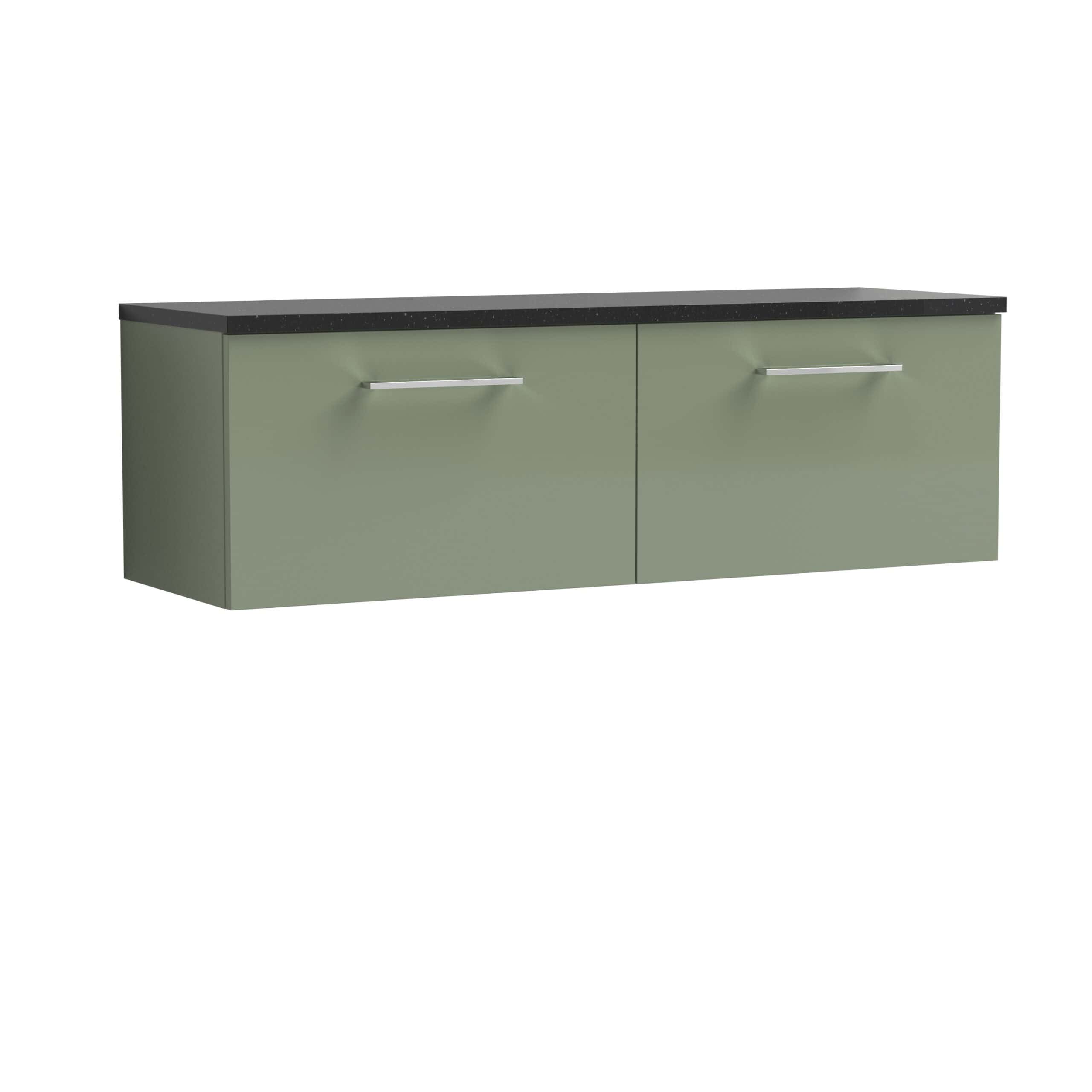 Sleek green bathroom wall cabinet with black countertop and modern silver handles, offering stylish storage solutions for contemporary bathrooms.