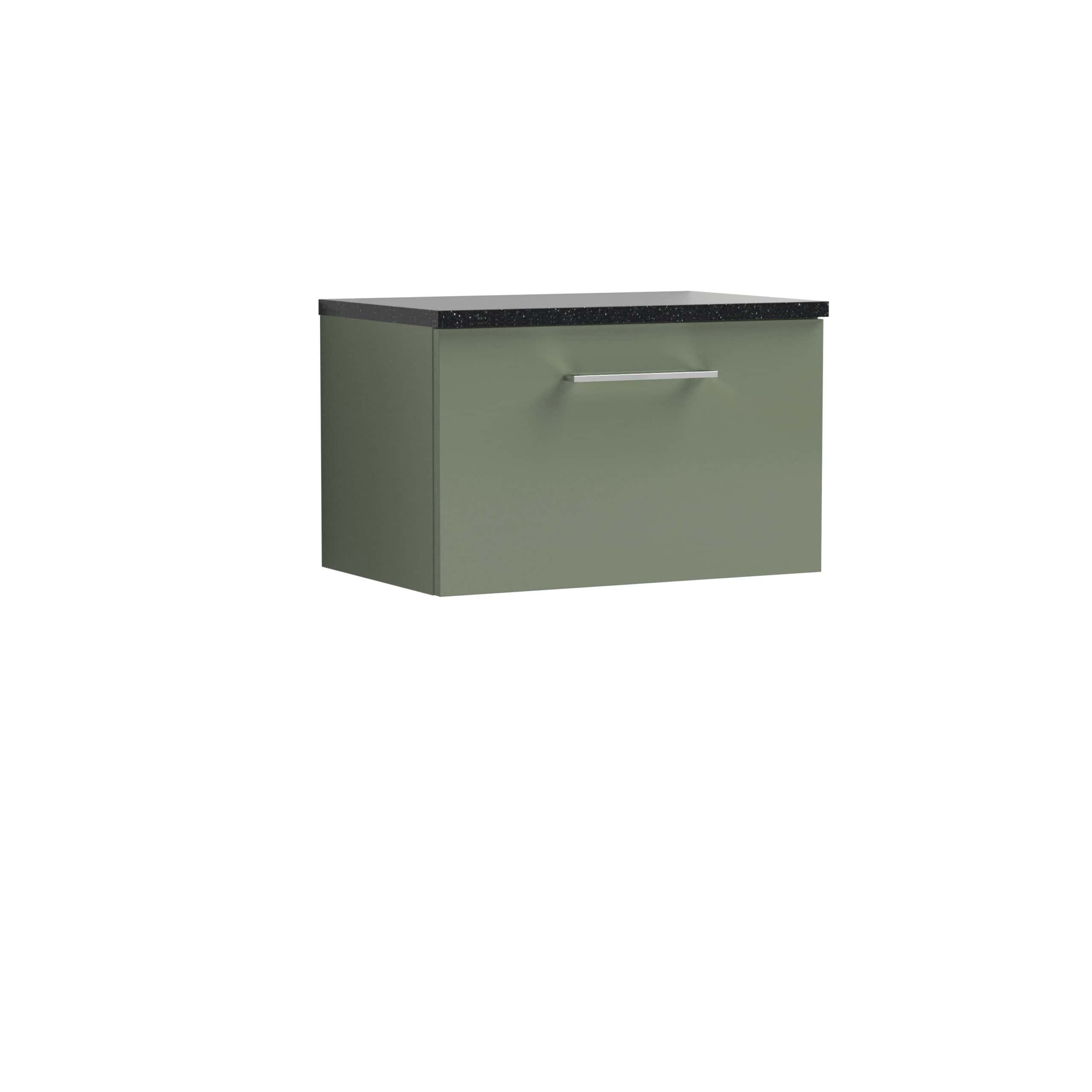 Modern green bathroom wall cabinet with a sleek black countertop and silver handle, ideal for stylish bathroom storage solutions.