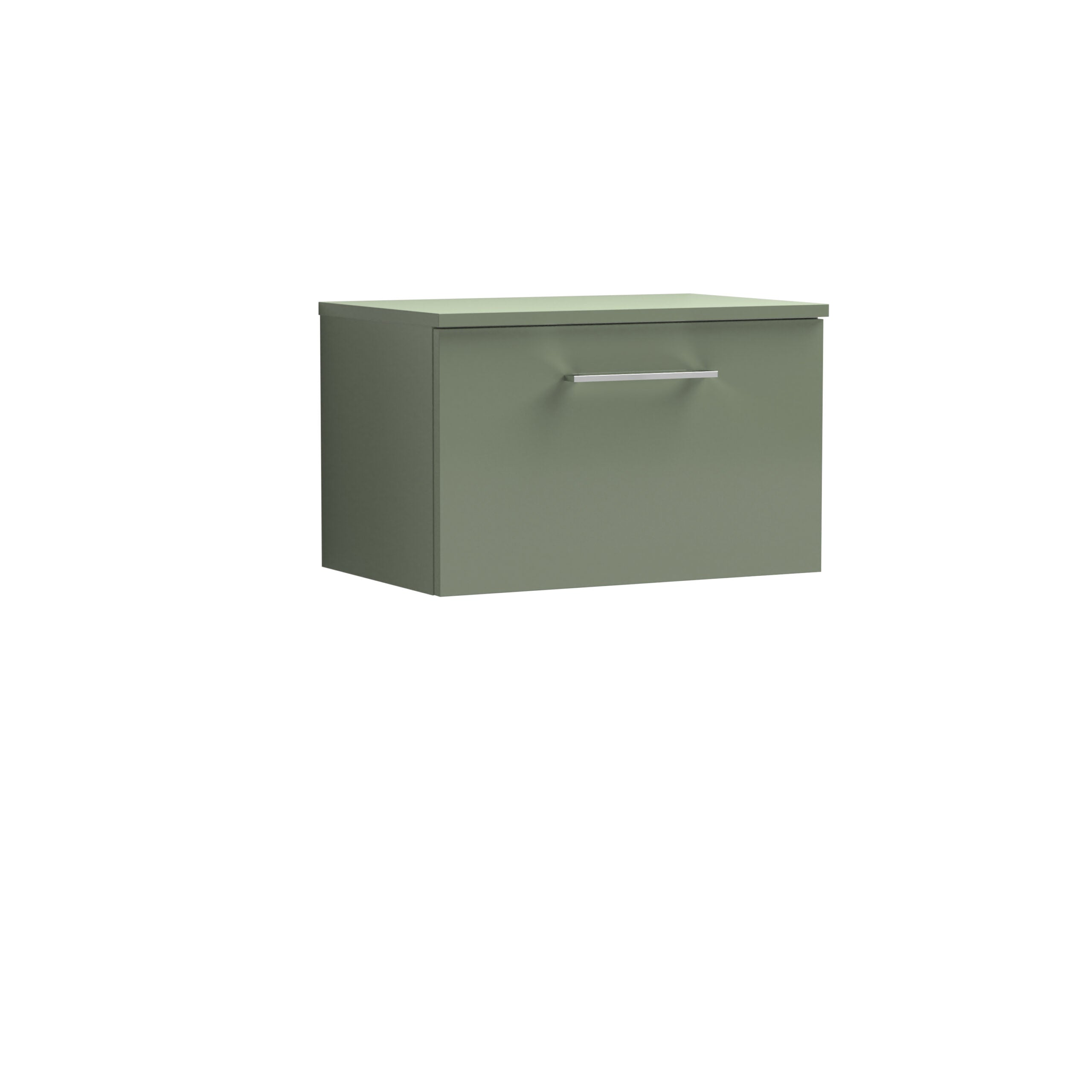 Sleek green bathroom vanity with a modern handle, ideal for contemporary bathroom storage solutions. Crafted from durable materials for everyday use.