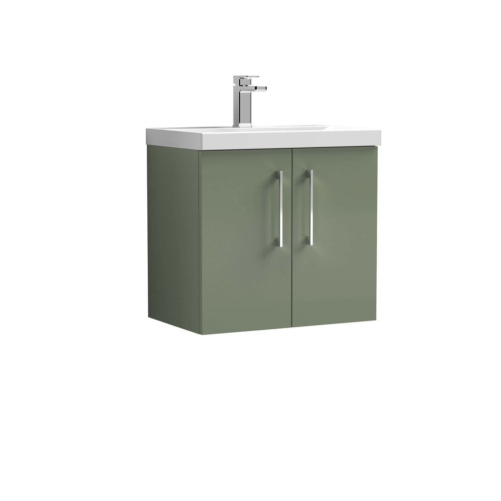 Modern bathroom vanity unit with a sleek green finish and a white ceramic sink, perfect for contemporary bathroom designs. Features stylish handles and practical storage space.