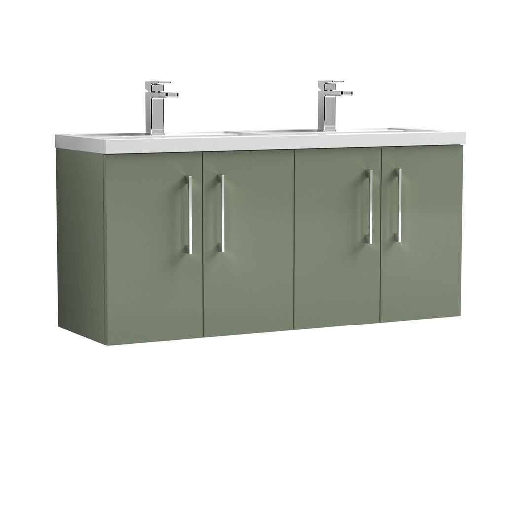 Sleek green bathroom vanity unit with twin sinks and modern chrome taps, ideal for contemporary bathroom designs and storage solutions.