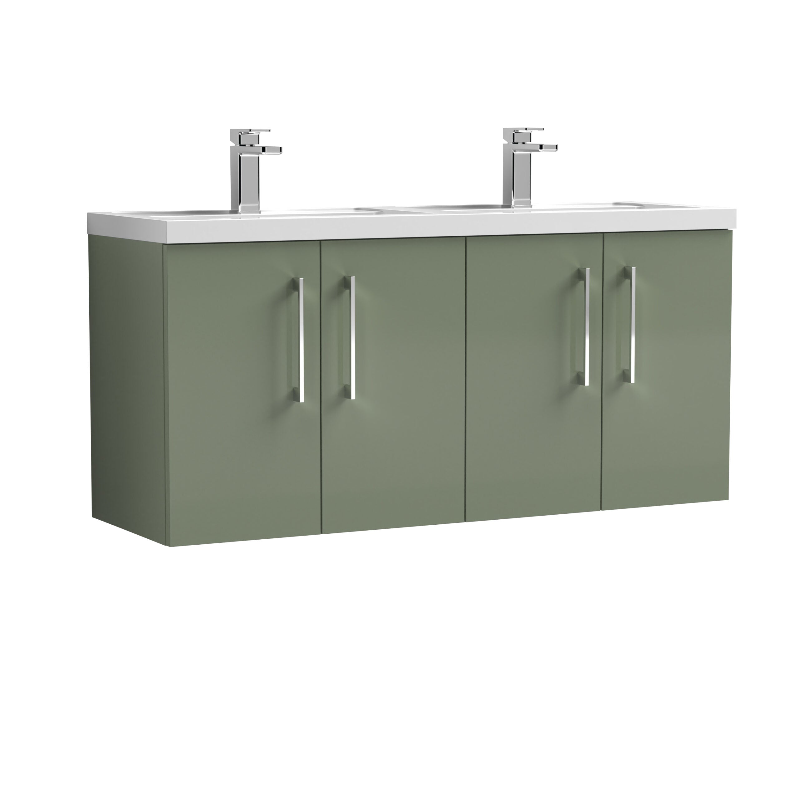 Sleek green bathroom vanity unit with twin sinks and modern chrome taps, ideal for contemporary bathroom designs and storage solutions.