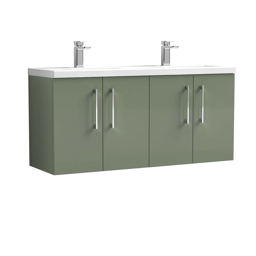 Modern green bathroom vanity with dual sinks and chrome handles, ideal for contemporary bathroom renovations and stylish storage solutions.