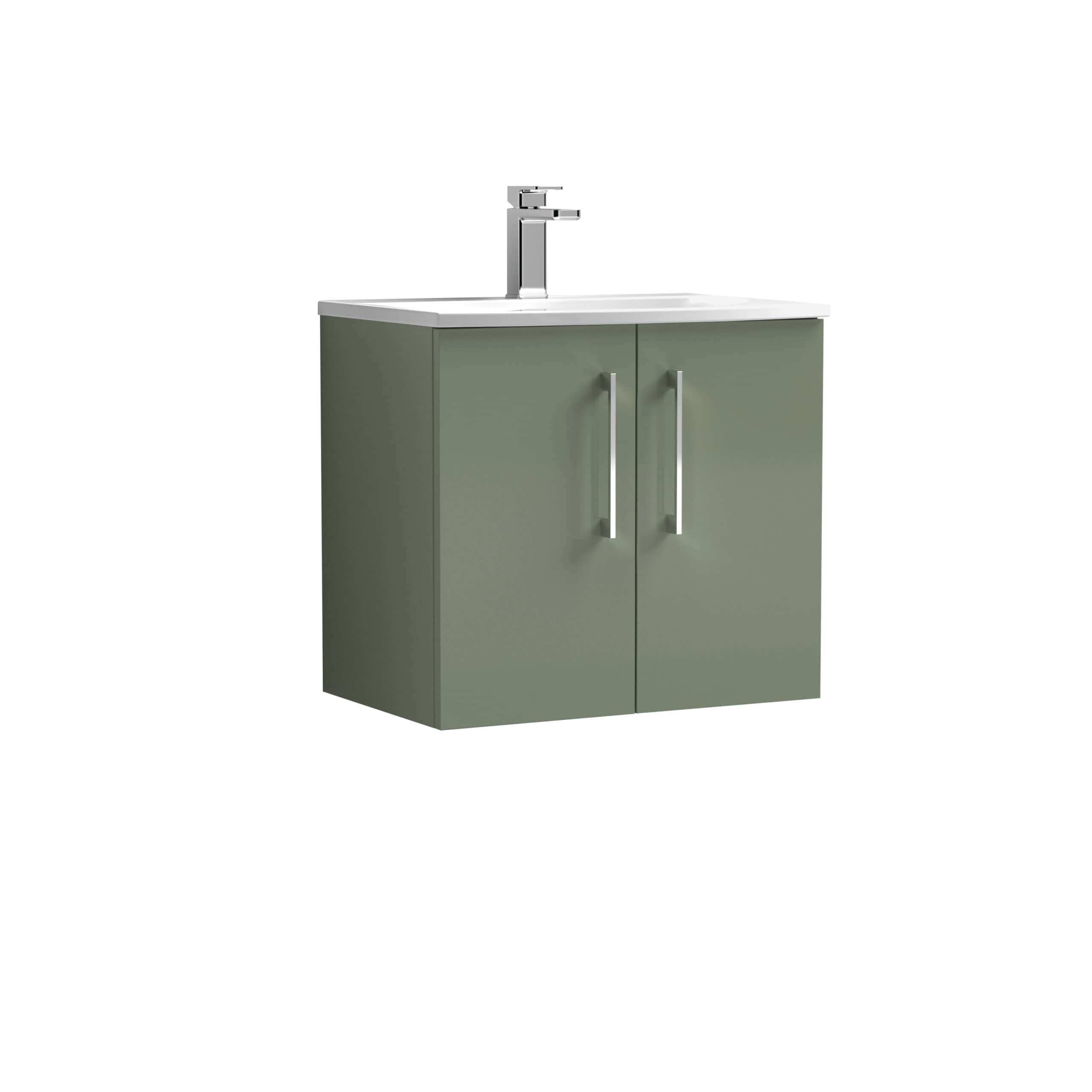 Sleek green bathroom vanity with a modern white countertop and chrome-finished faucet, ideal for contemporary bathroom designs.
