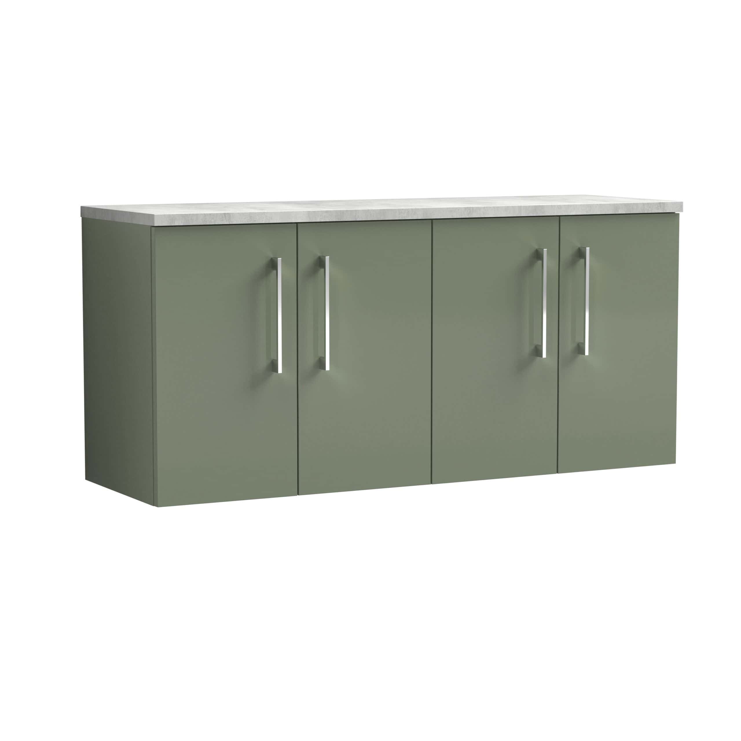 Modern green bathroom storage cabinet with sleek silver handles and a durable white marble top, perfect for stylish and functional bathroom organisation.