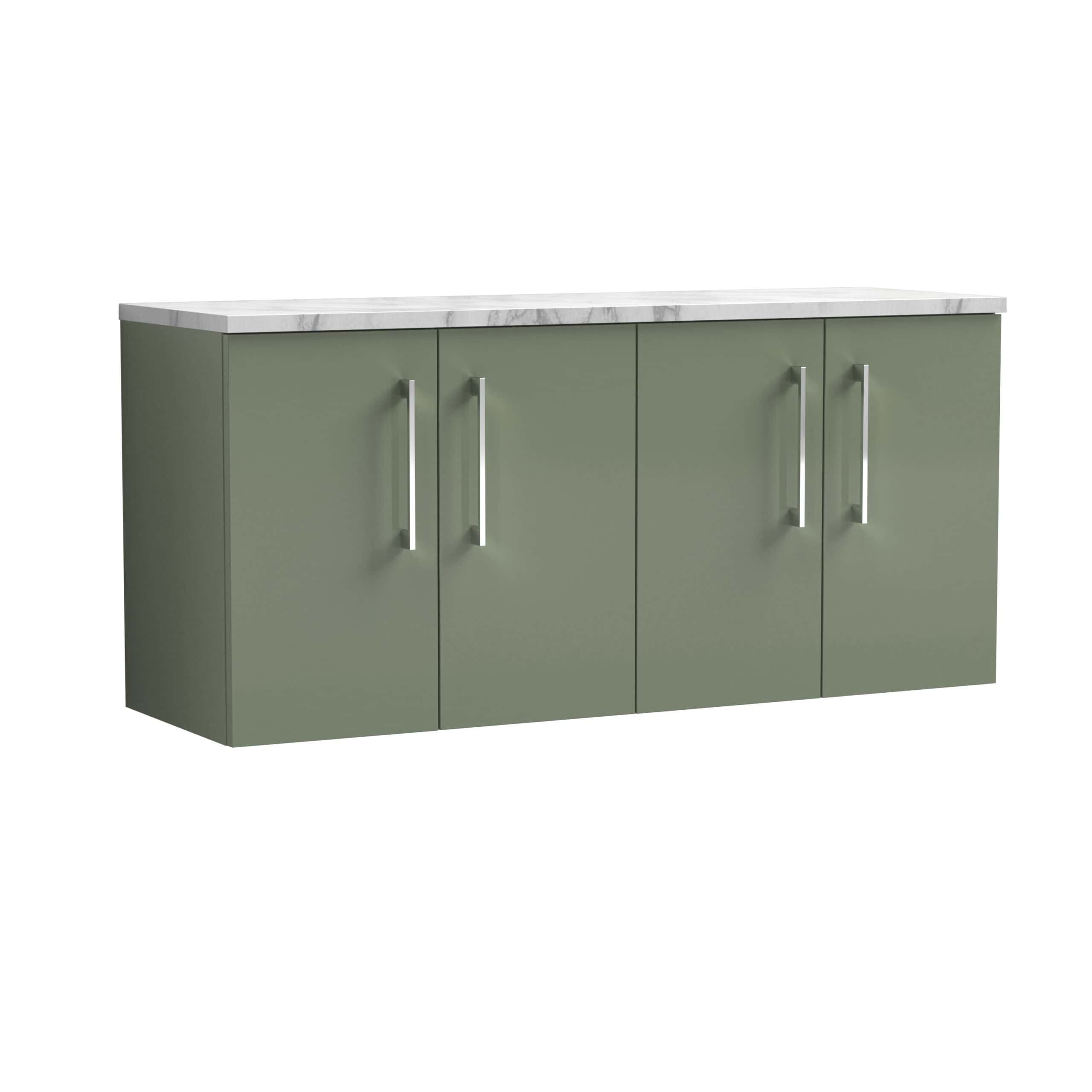 Sleek green bathroom cabinet with silver handles and a white marble countertop, ideal for modern bathroom storage solutions.
