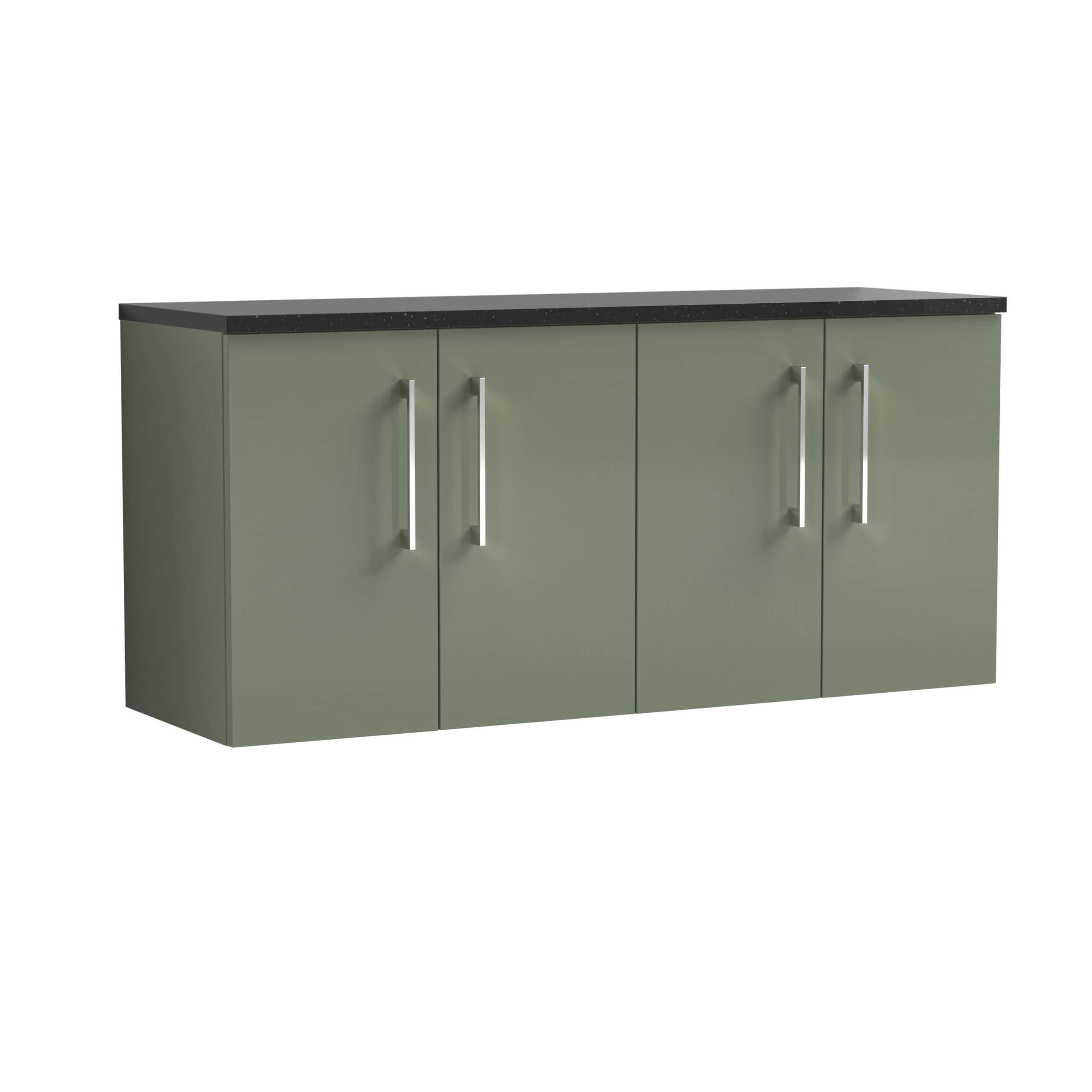 Modern green bathroom cabinet with black countertop, sleek silver handles, and ample storage space, ideal for contemporary bathroom interiors.