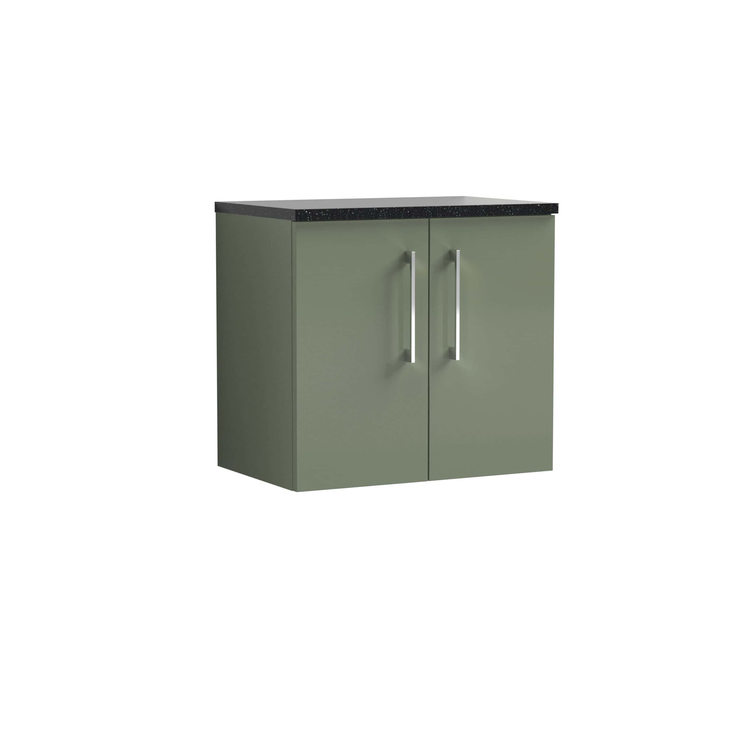 Modern green bathroom cabinet with black granite countertop and silver handles, ideal for stylish bathroom storage solutions.