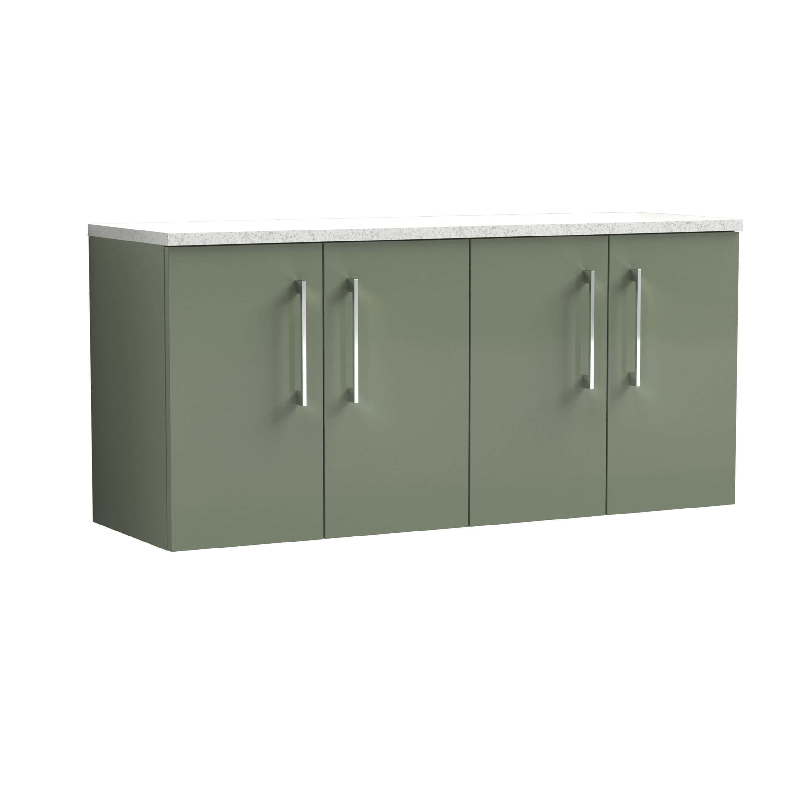 4. Modern green bathroom storage cabinet with white speckled countertop, featuring sleek silver handles, ideal for contemporary bathroom organisation and décor.